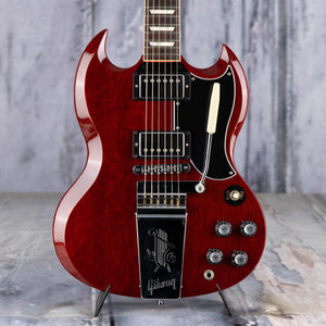 Used Gibson 1961 SG Standard Maestro Vibrola Electric Guitar, Vintage Cherry, front closeup