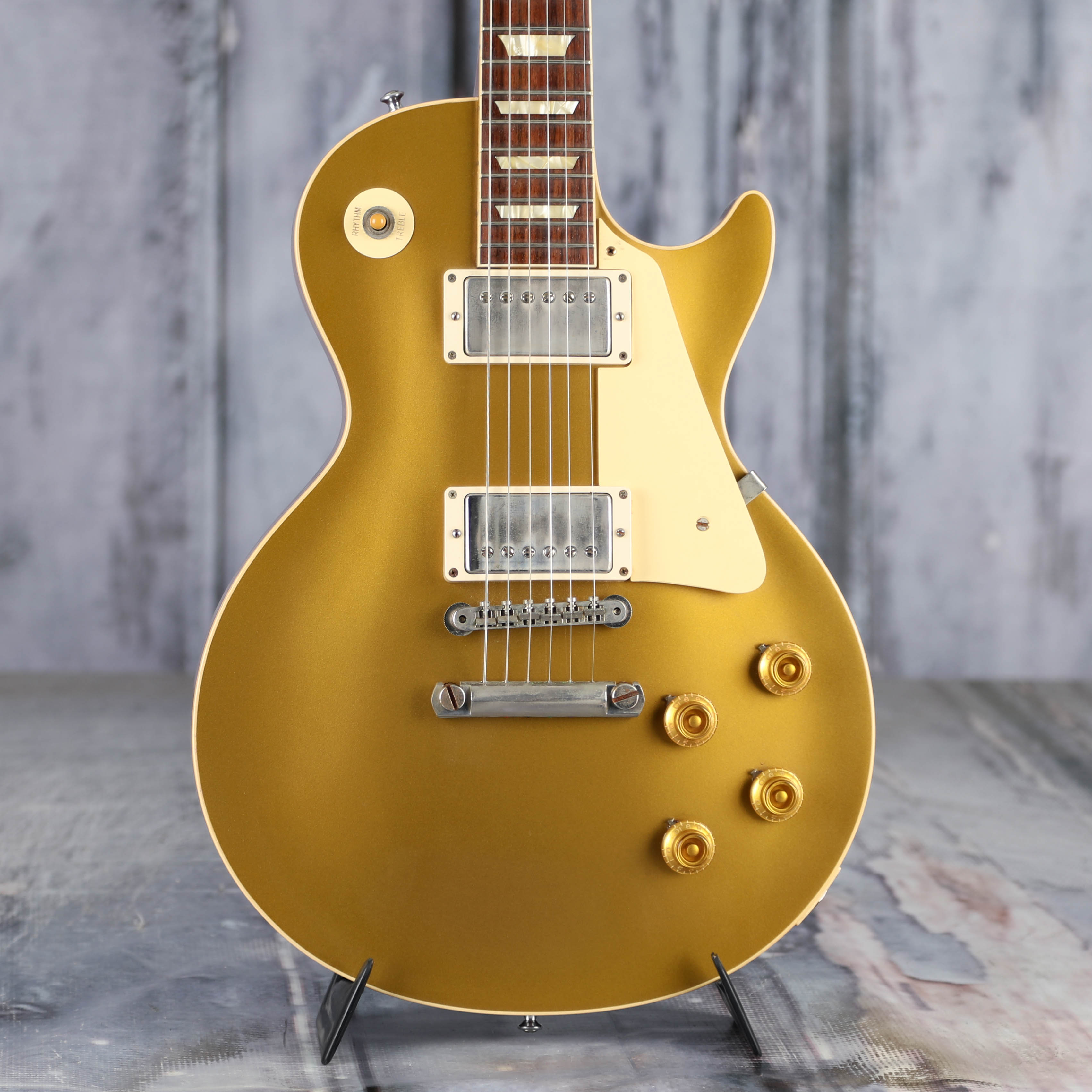Used Gibson Custom Shop 1957 Les Paul Reissue Electric Guitar, Goldtop, front closeup