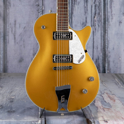 Used Gretsch G5238 Electromatic Pro Jet Electric Guitar, Gold Sparkle, front closeup