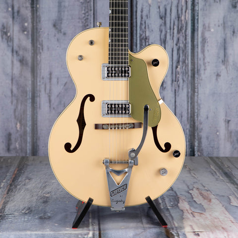 Used Gretsch G6118T-LTV 125th Anniversary Semi-Hollowbody Electric Guitar, 2008, Jaguar Tan W/ Metallic Gold Back, front closeup