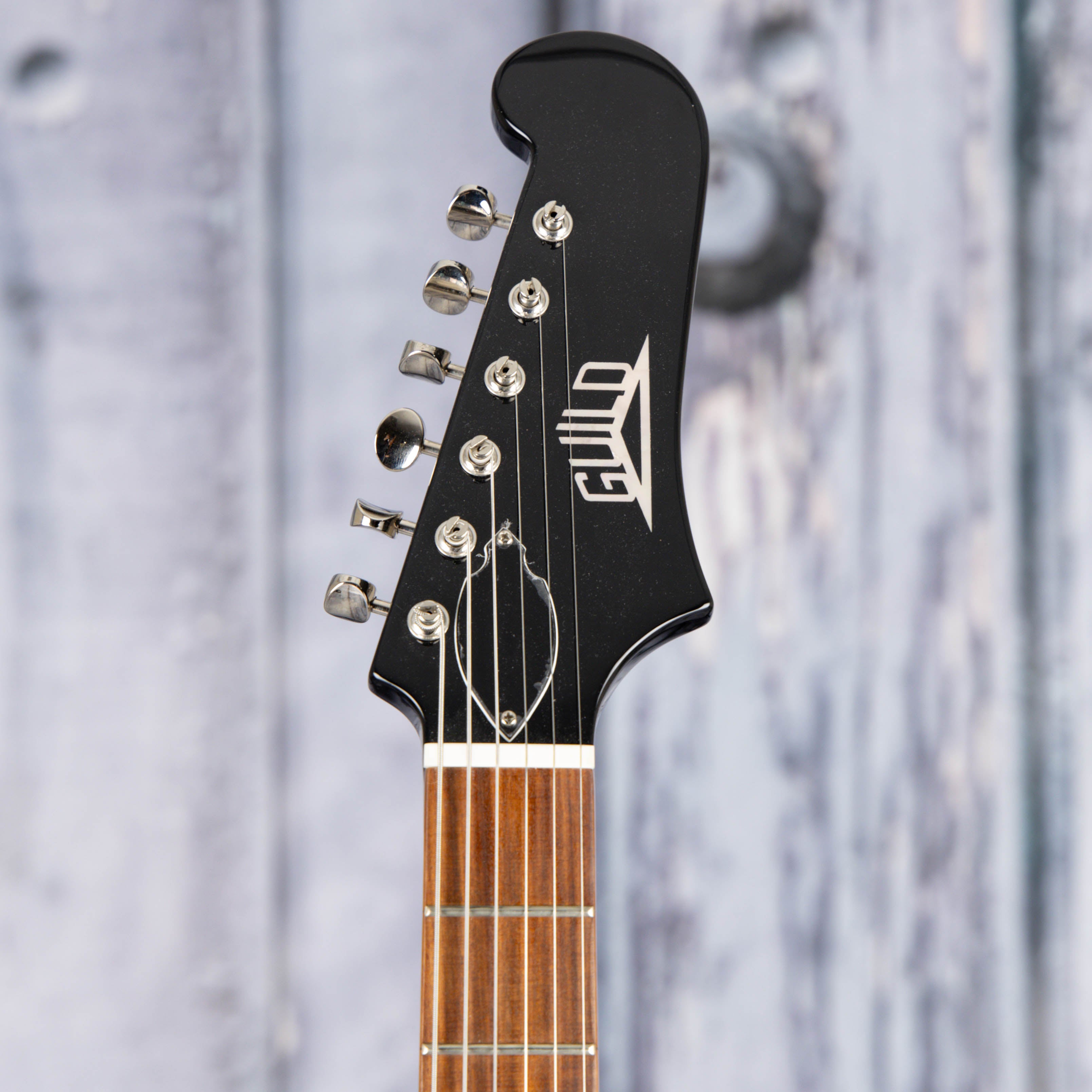 Used Guild Jetstar Electric Guitar, Black, front headstock