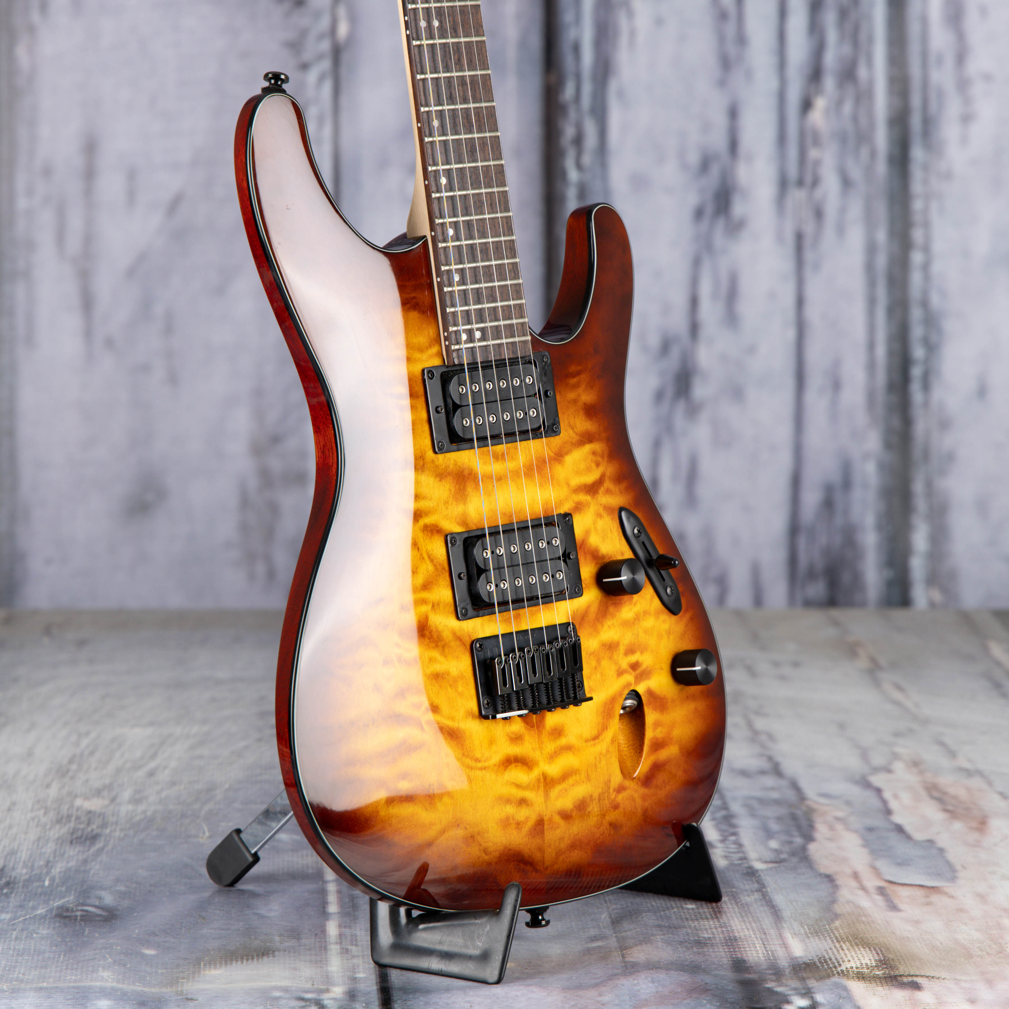 Used Ibanez S621QM Electric Guitar, 2020, Dragon Eye Burst, angle