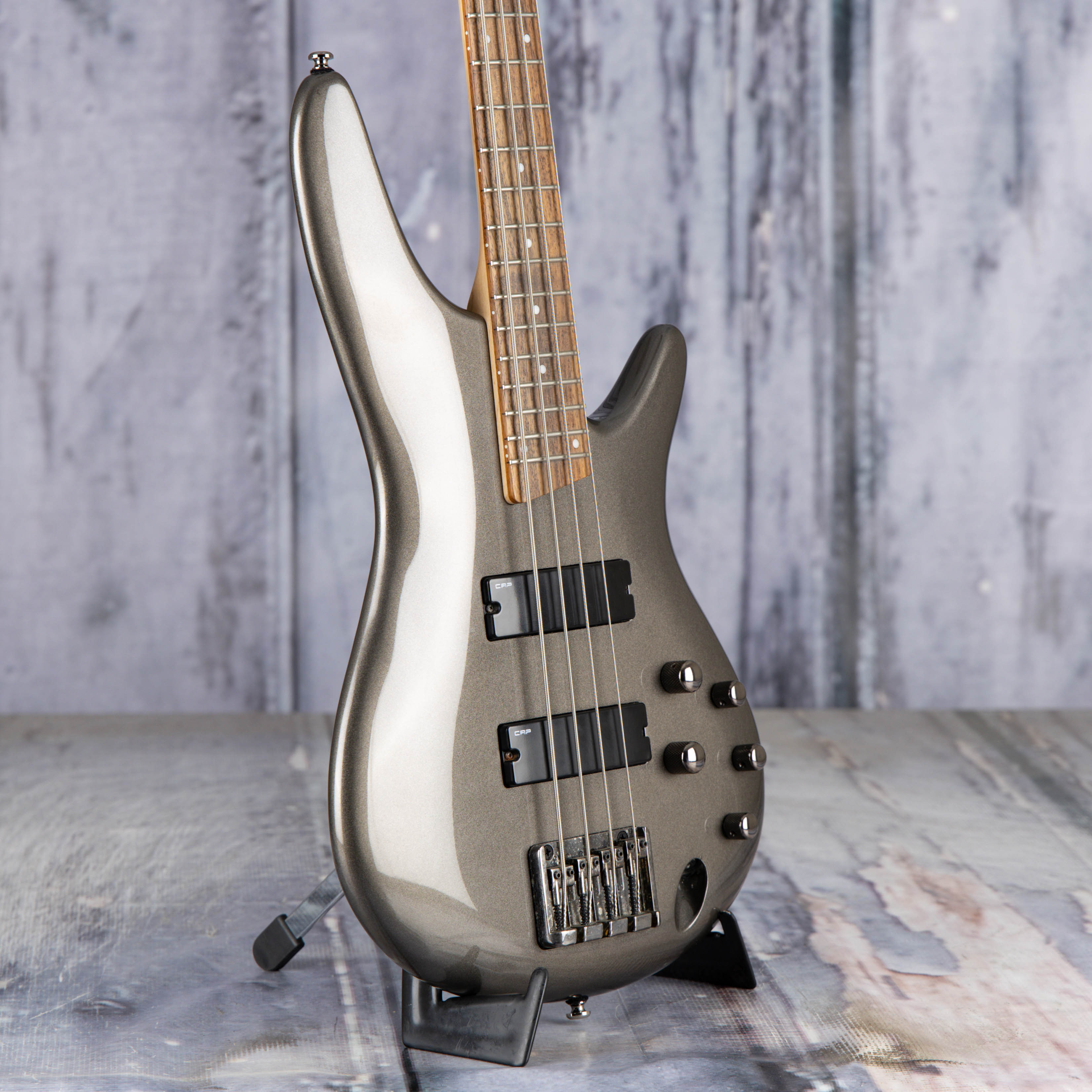 Used Ibanez SR300 Electric Bass Guitar, Metallic Gray, angle