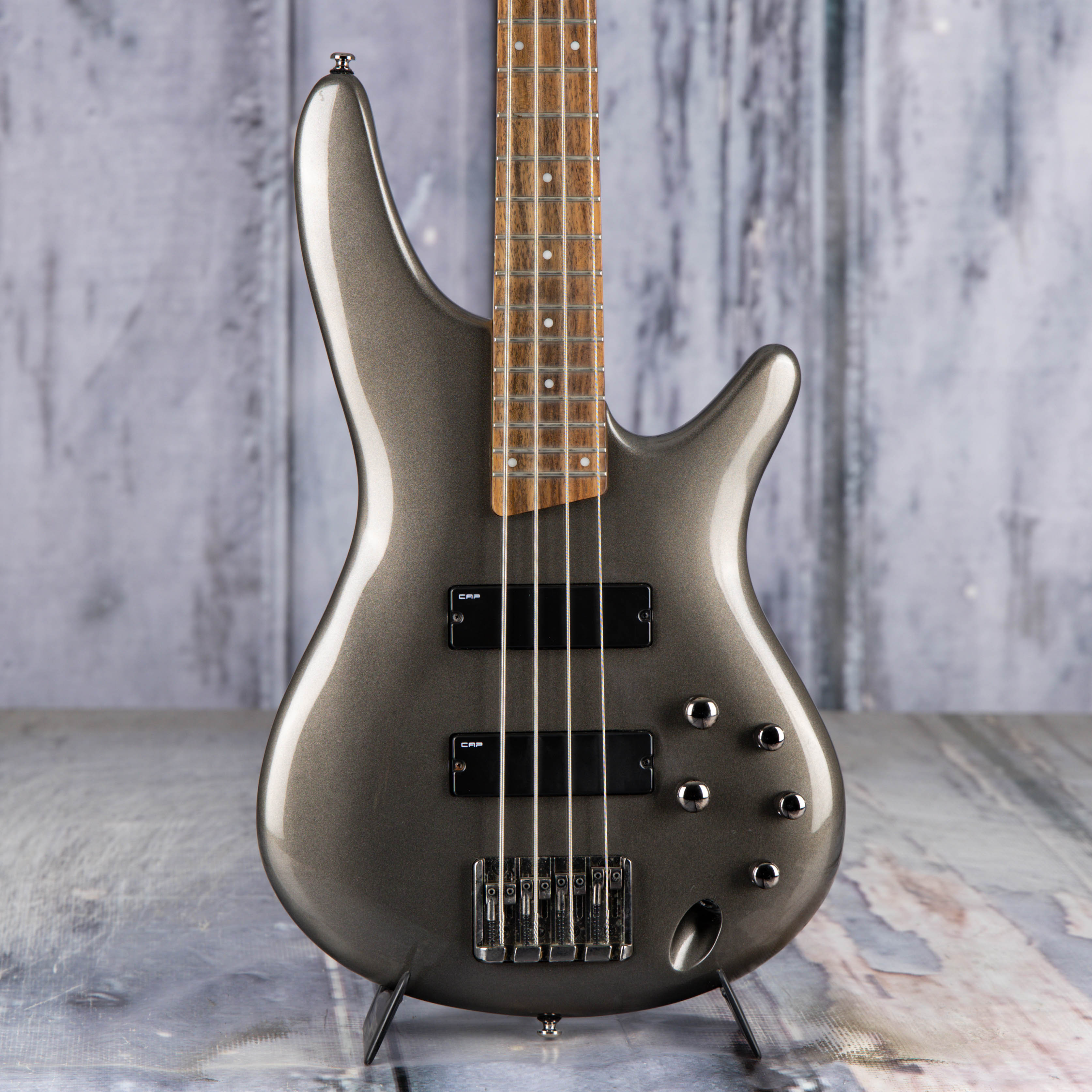 Used Ibanez SR300 Electric Bass Guitar, Metallic Gray, front closeup