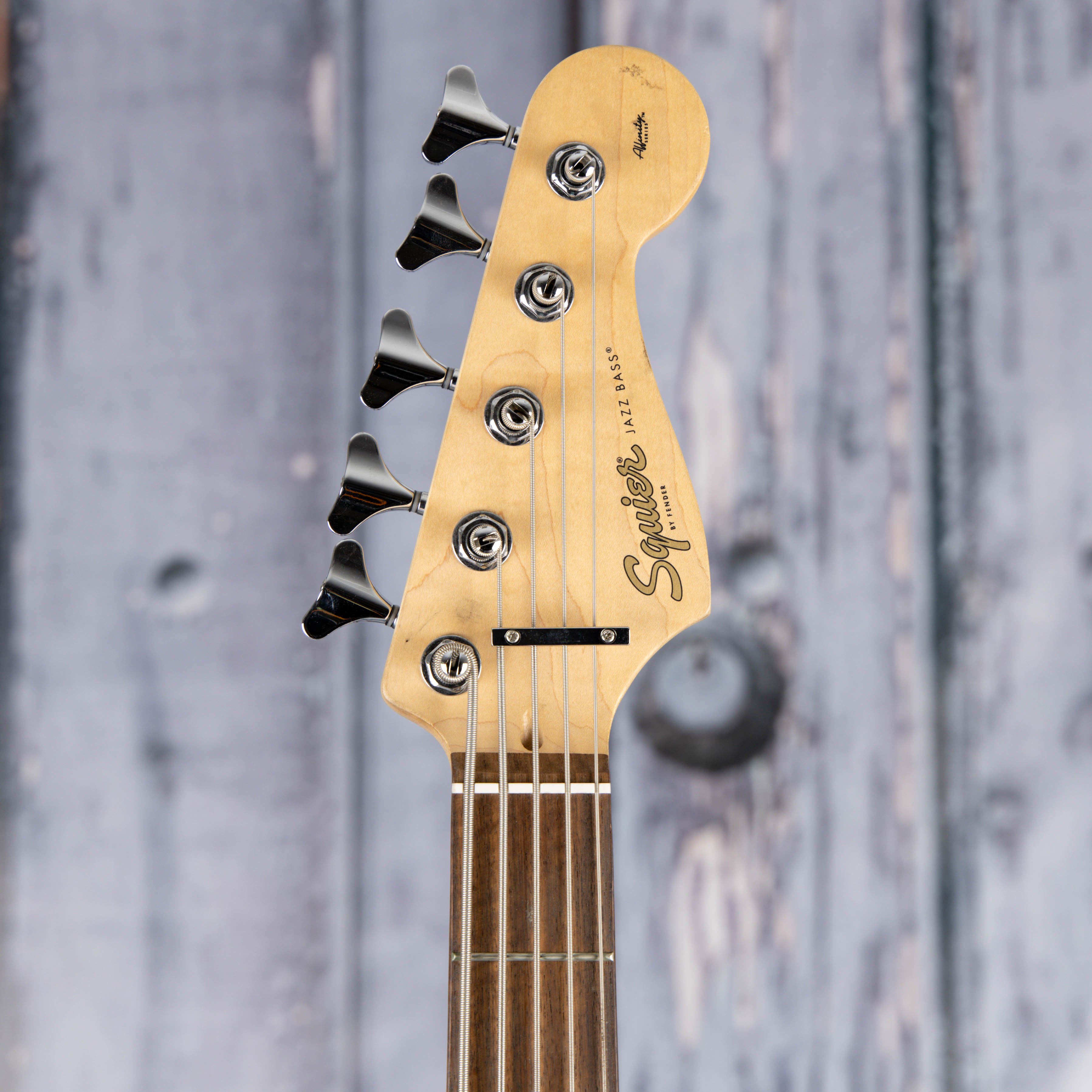 Used Squier Affinity Series Jazz Bass V 5-String Electric Bass Guitar, Black, front headstock