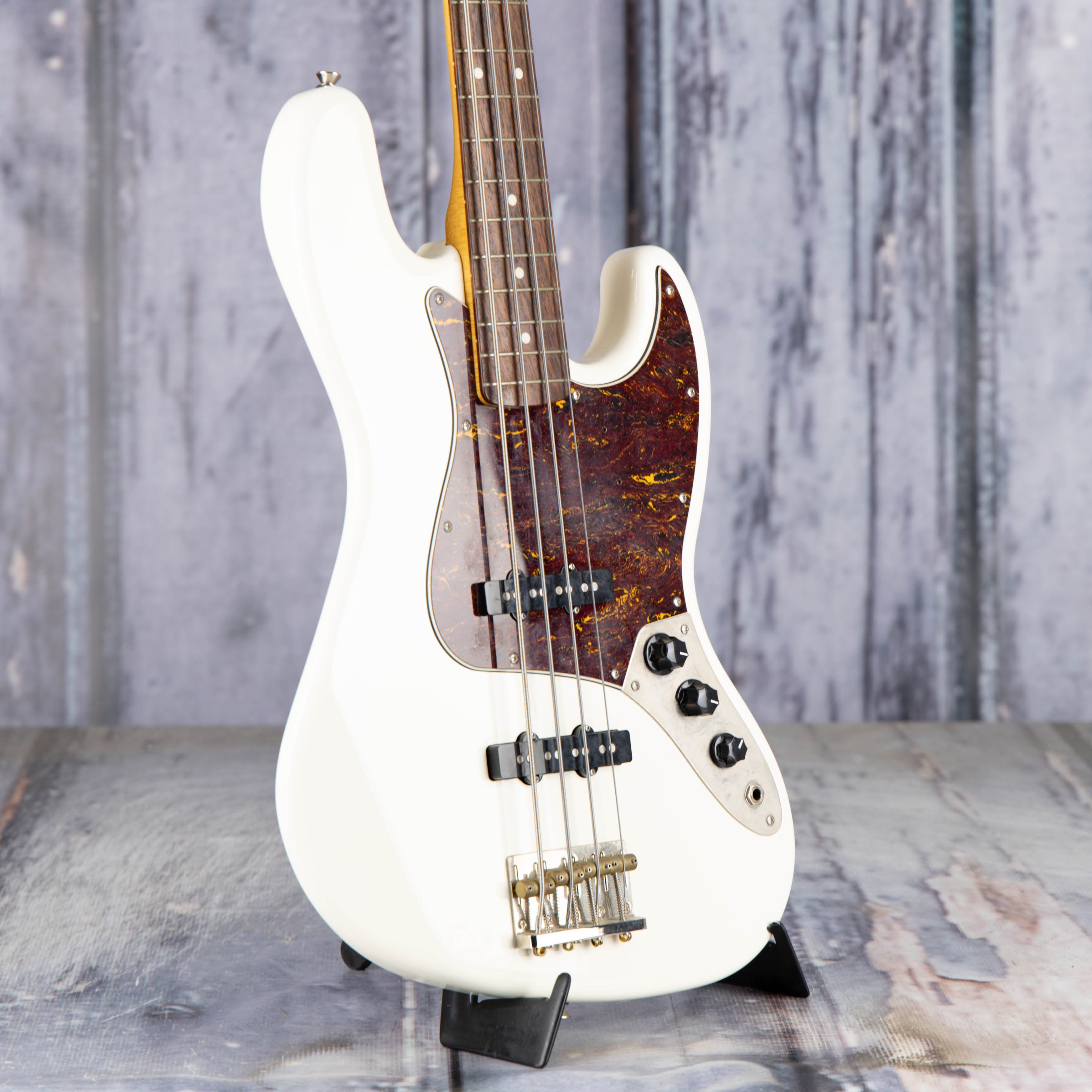 Used Squier Classic Vibe '60s Jazz Bass Guitar, Olympic White, angle