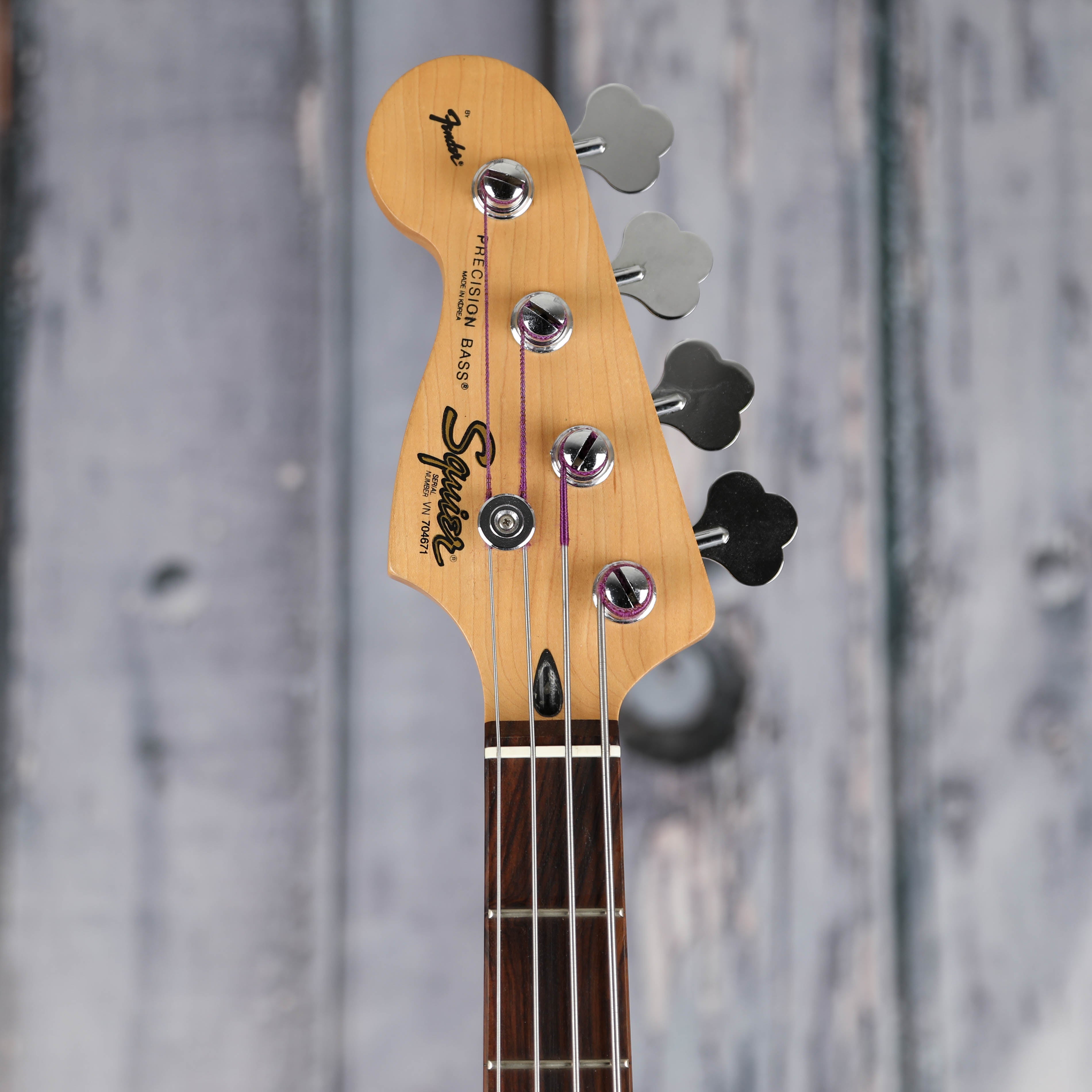 Used Squier Left-Handed Precision Bass Guitar, Brown Sunburst, front headstock