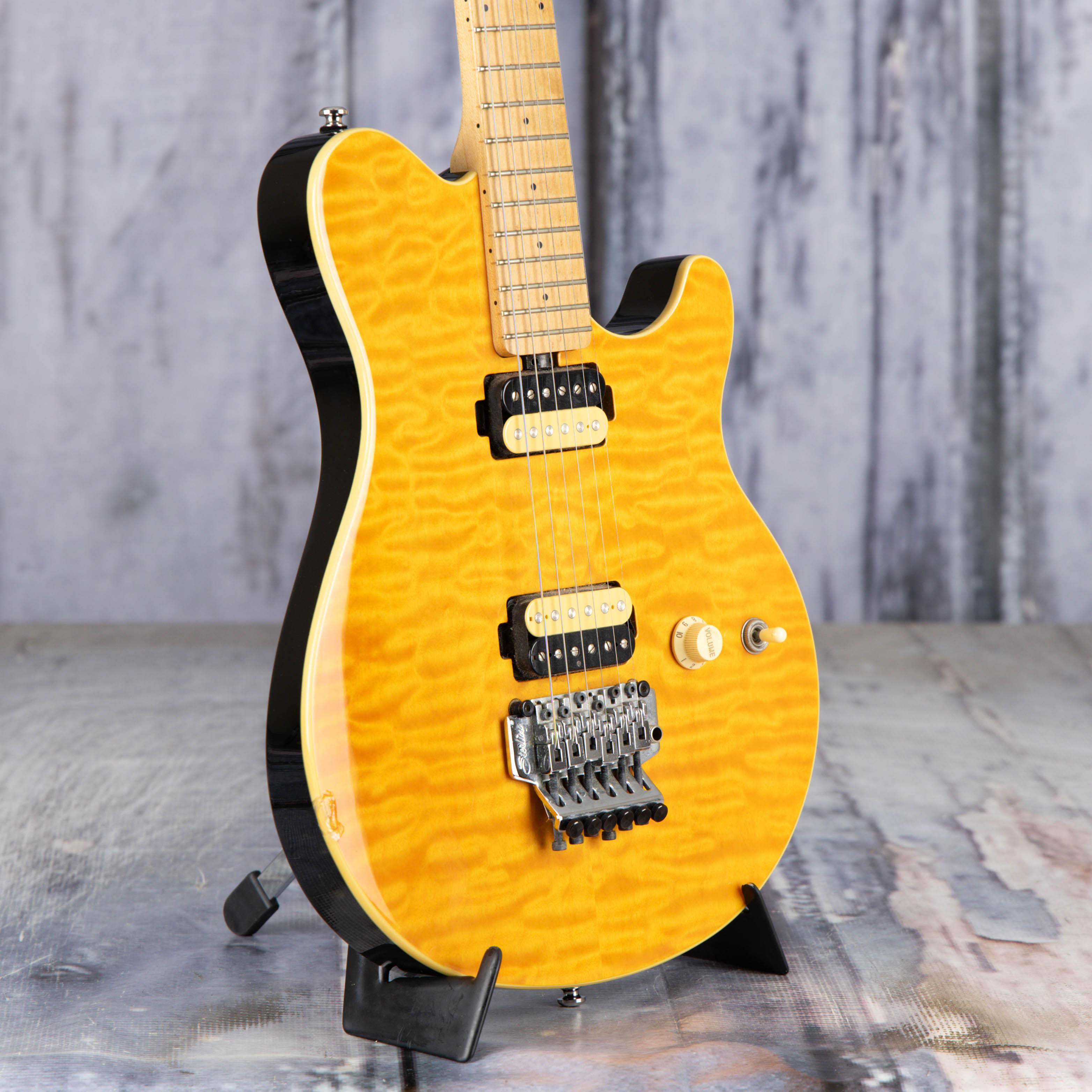 Used Sterling By Music Man AX40 Electric Guitar, 2015, Transparent Amber, angle