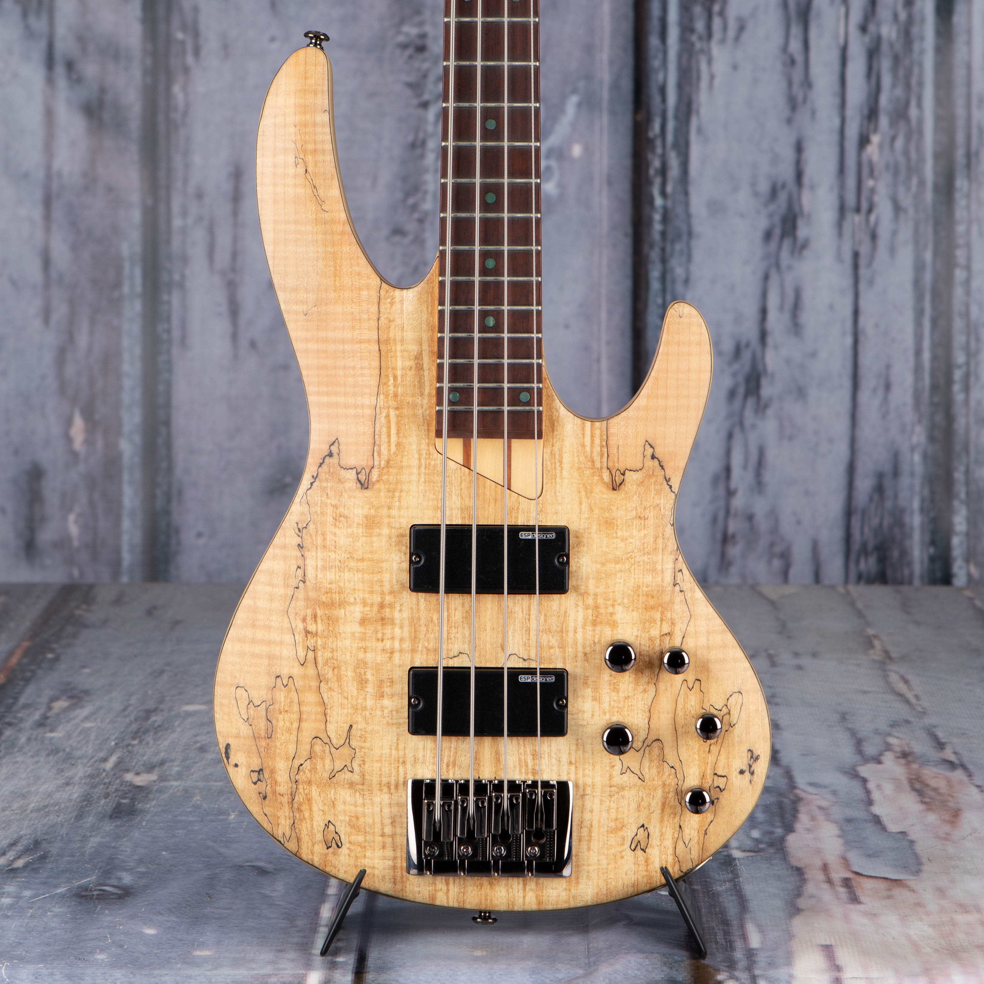 ESP LTD B-204SM Electric Bass Guitar, Natural Satin, front closeup