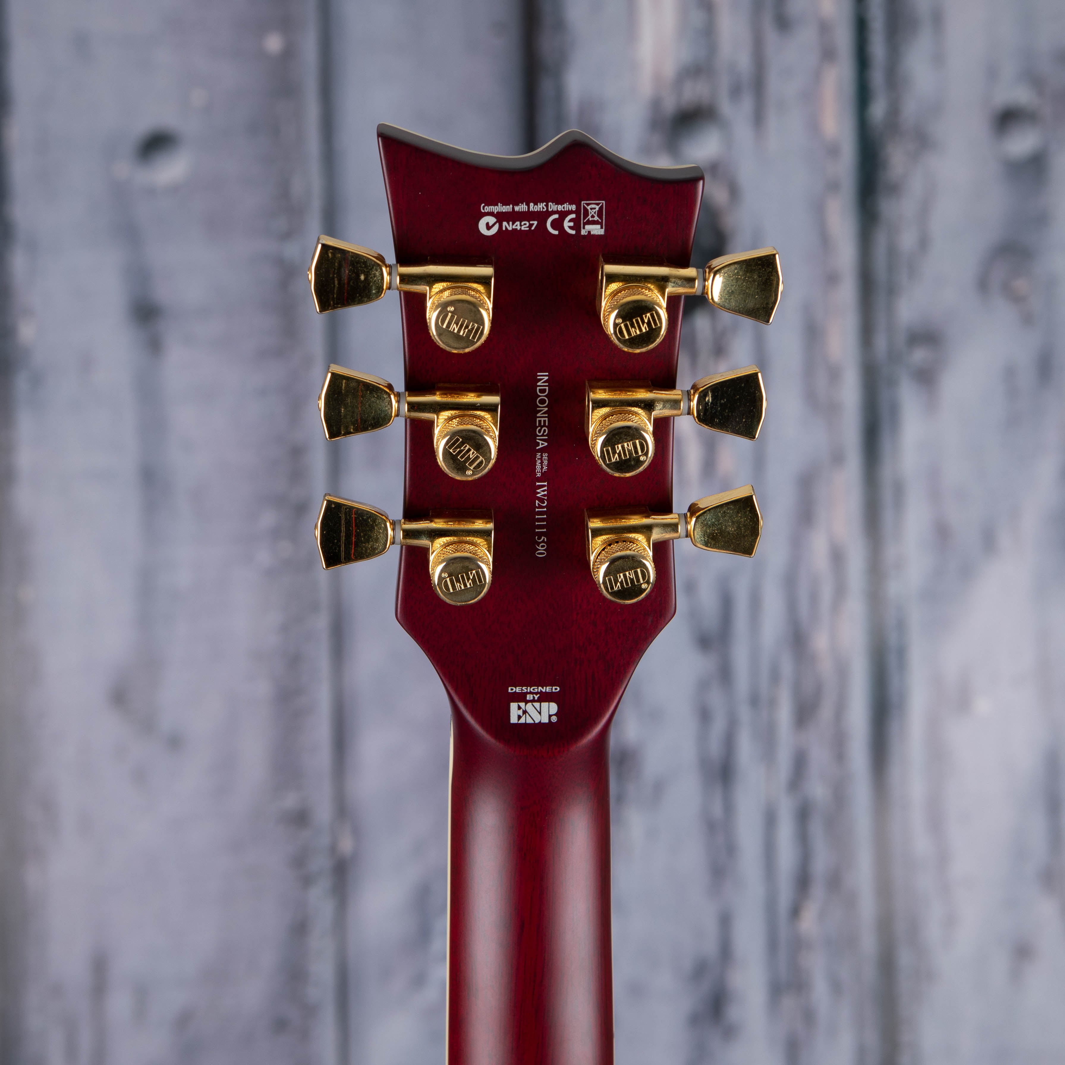ESP LTD EC-1000T CTM Deluxe Electric Guitar, See-Thru Black Cherry, back headstock