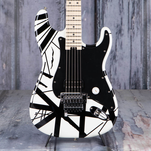 EVH Striped Series Electric Guitar, White with Black Stripes, front closeup