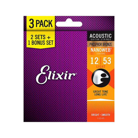 Elixir 3 Pack Light Acoustic Phosphor Bronze with NANOWEB Coating 12 to 53