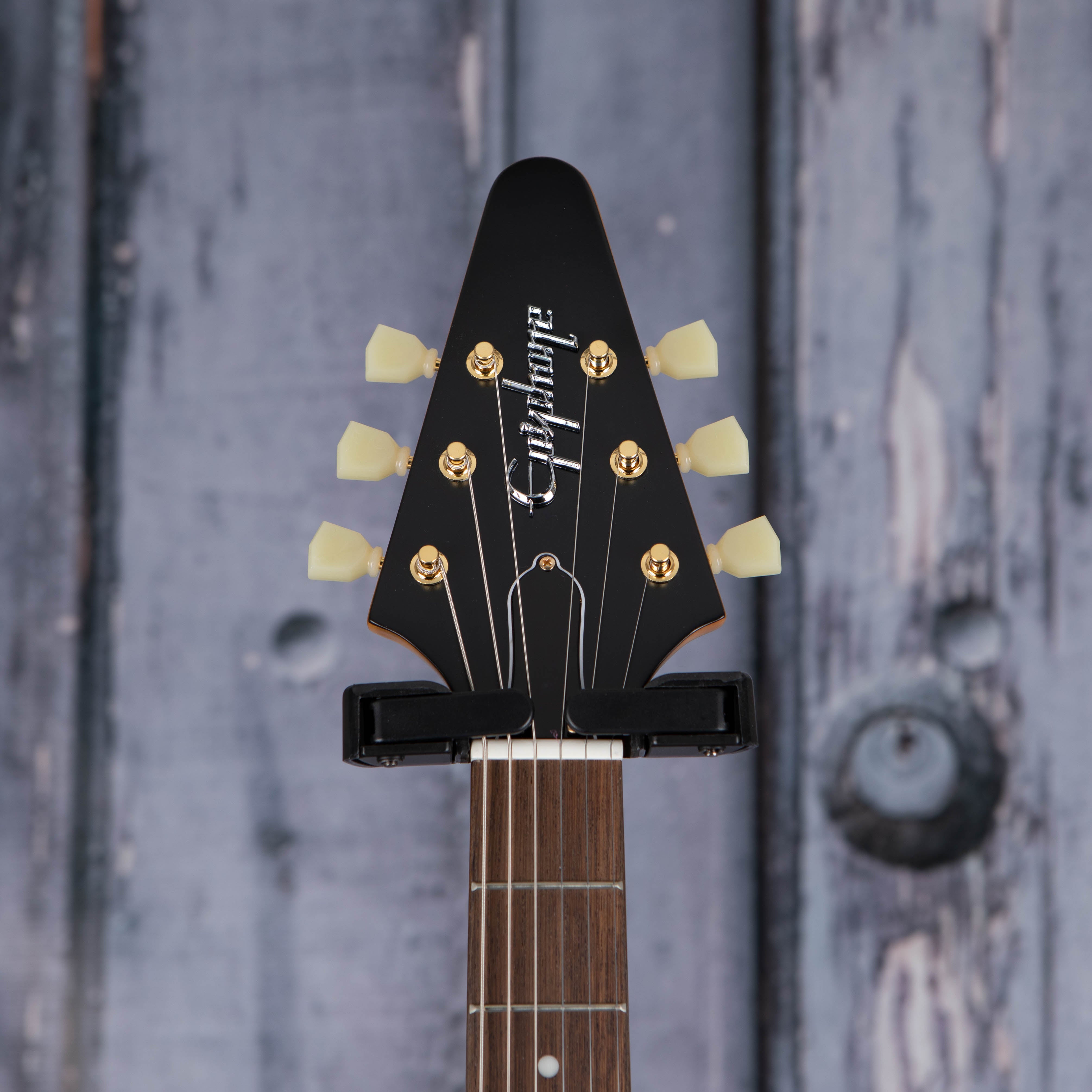Epiphone 1958 Korina Flying V Electric Guitar, Aged Natural, front headstock