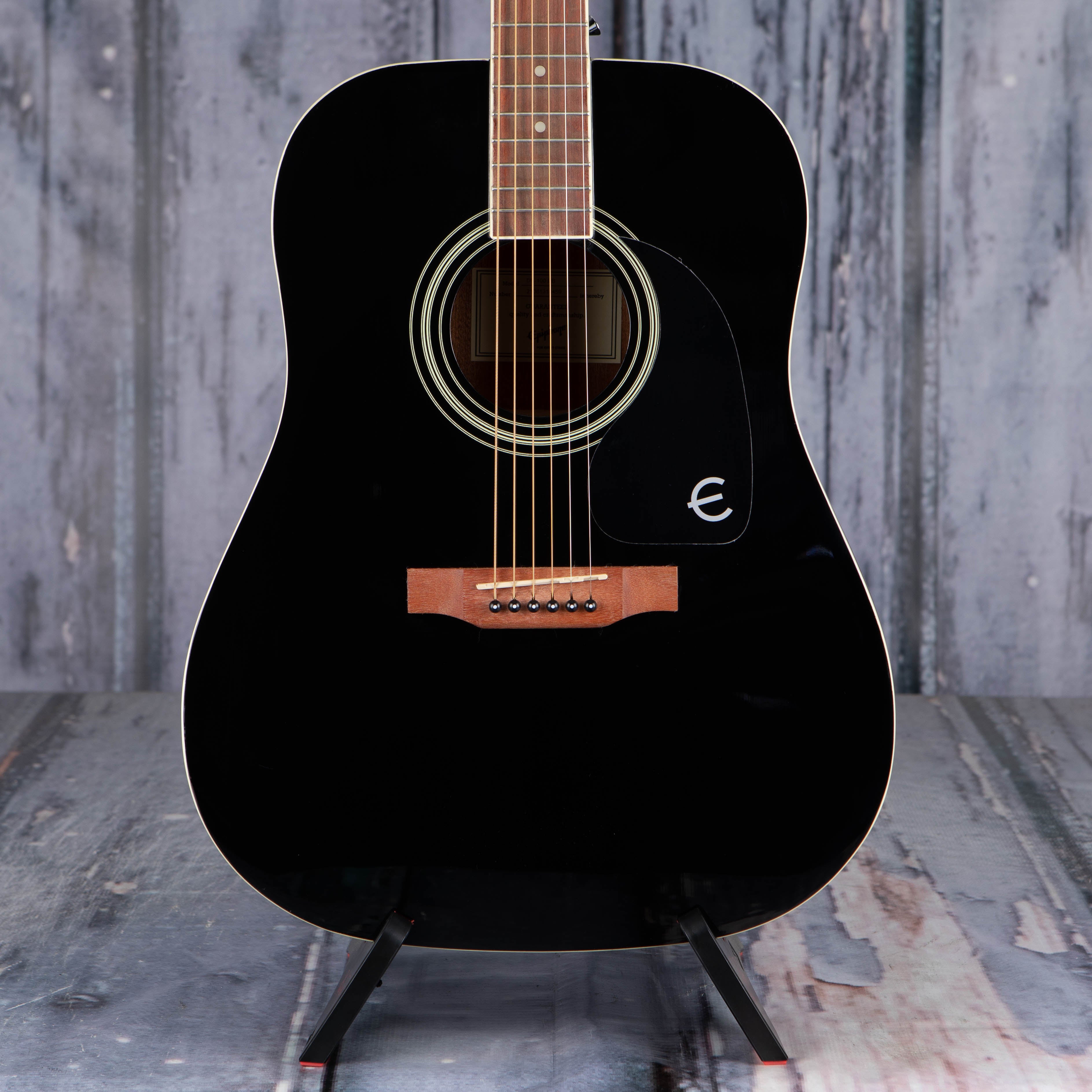Epiphone DR-100 Dreadnought Acoustic Guitar, Ebony, front closeup