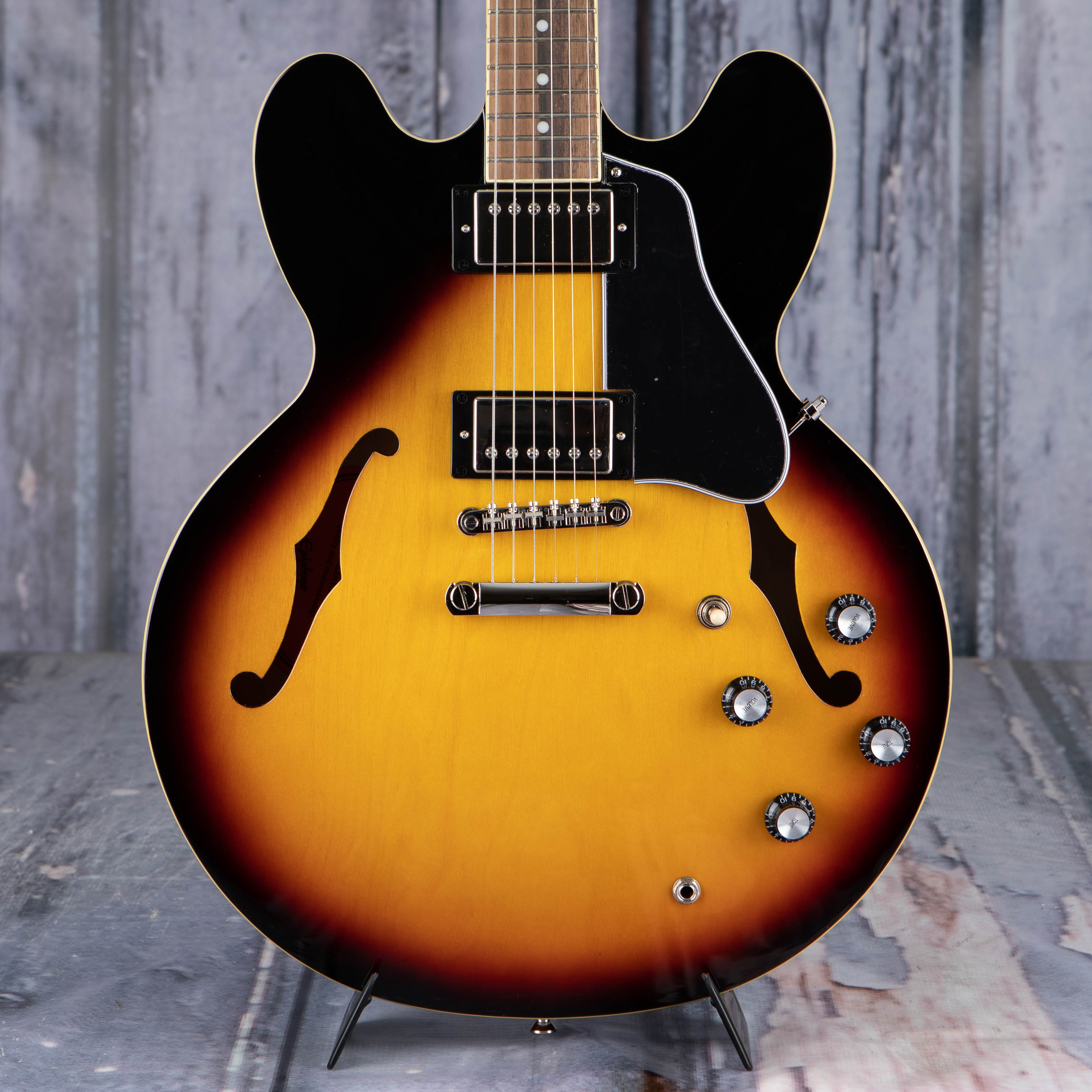 Epiphone ES-335 Semi-Hollowbody Guitar, Vintage Sunburst, front closeup