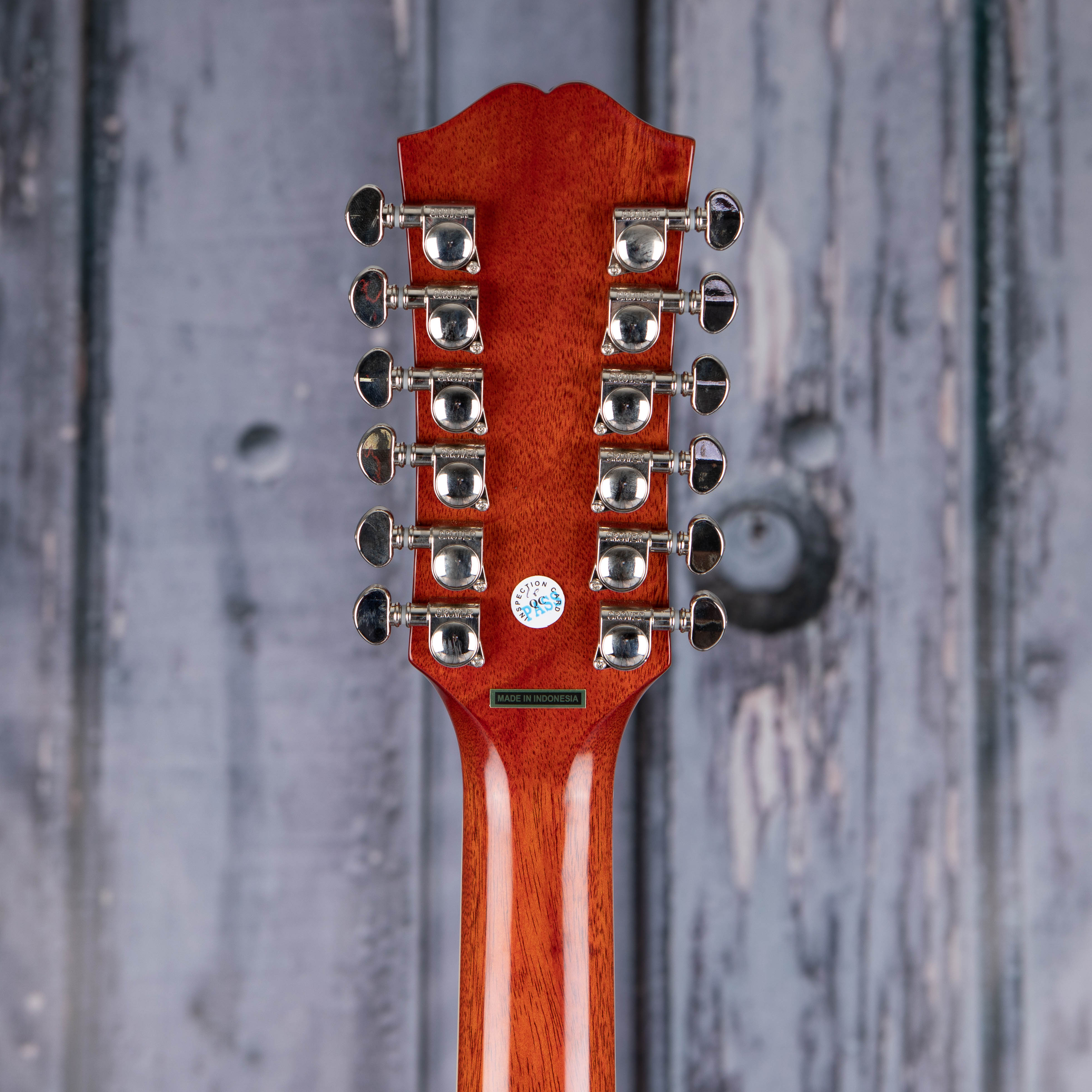 Epiphone Hummingbird 12-String Acoustic/Electric Guitar, Aged Cherry Sunburst Gloss, back headstock