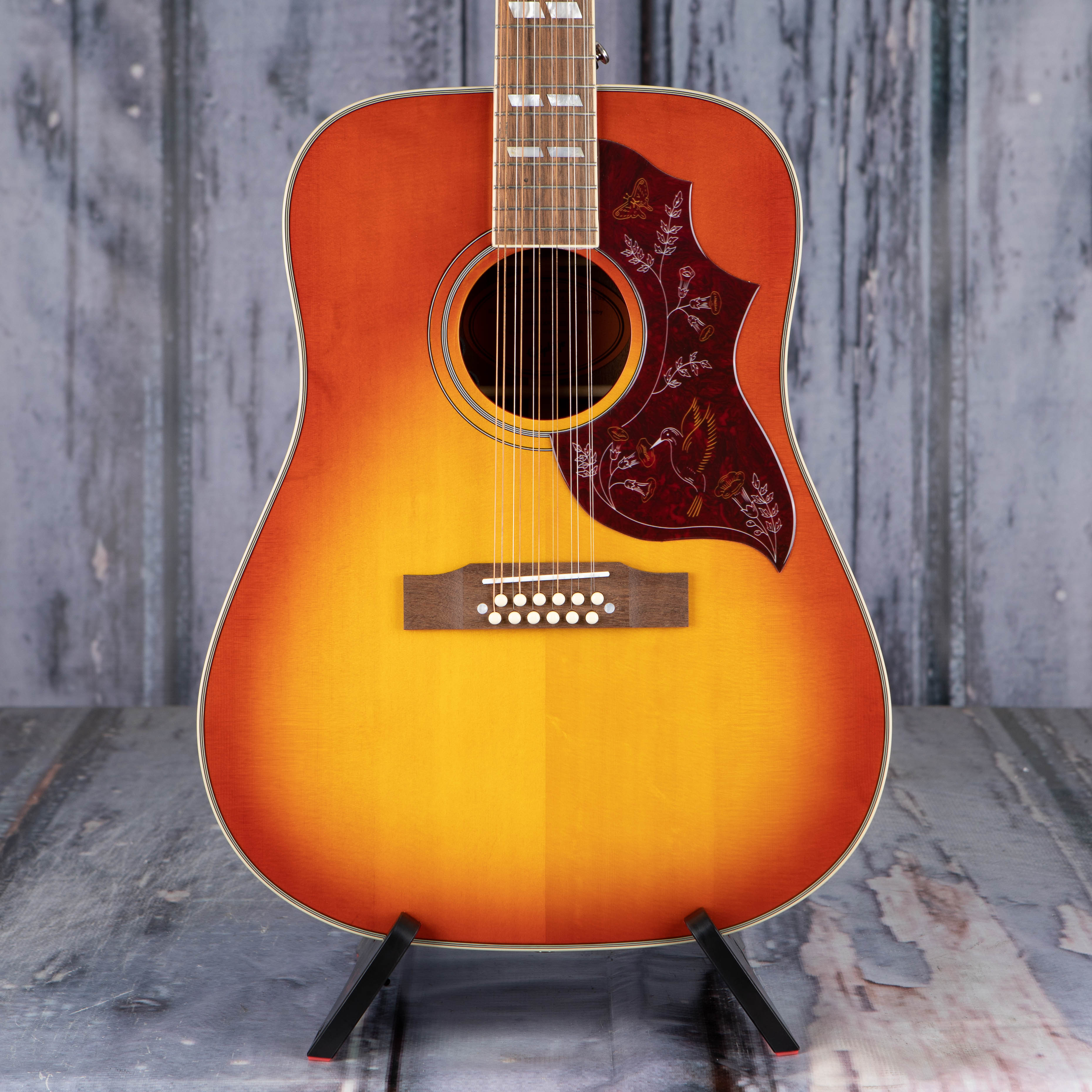 Epiphone Hummingbird 12-String Acoustic/Electric Guitar, Aged Cherry Sunburst Gloss, front closeup