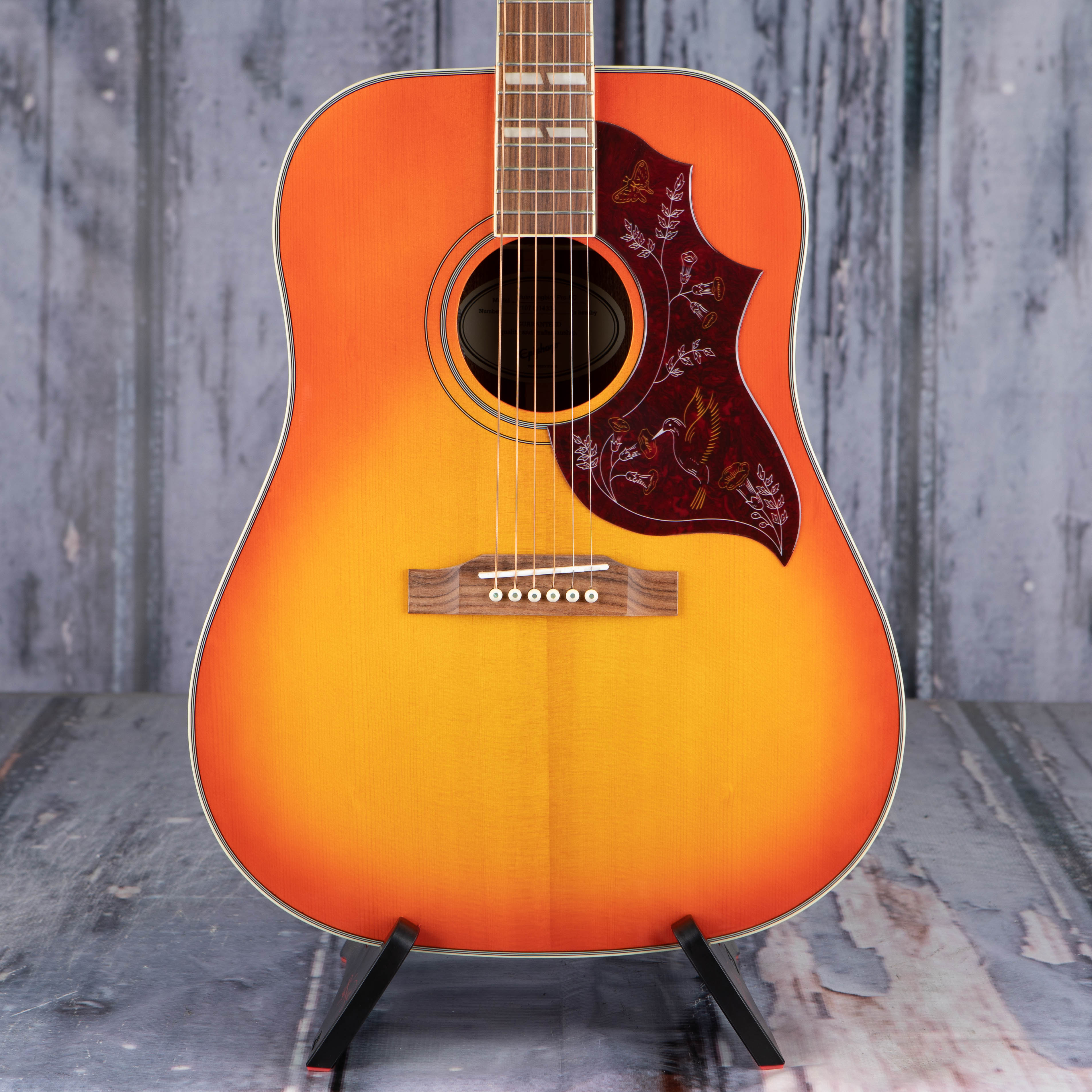Epiphone Hummingbird Pro Acoustic/Electric Guitar, Faded Cherry Sunburst, front closeup