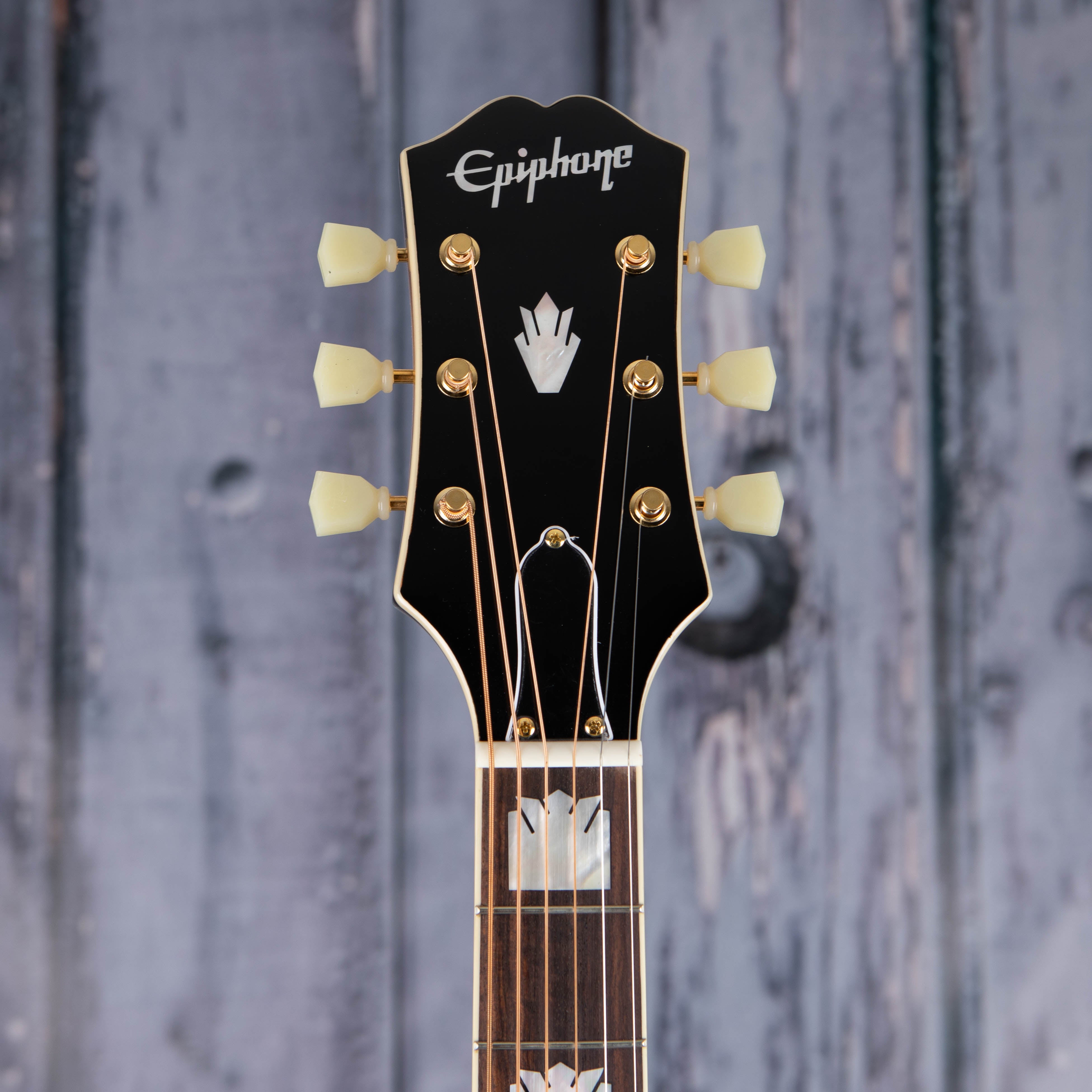 Epiphone J-200 Acoustic/Electric Guitar, Aged Vintage Sunburst Gloss, front headstock