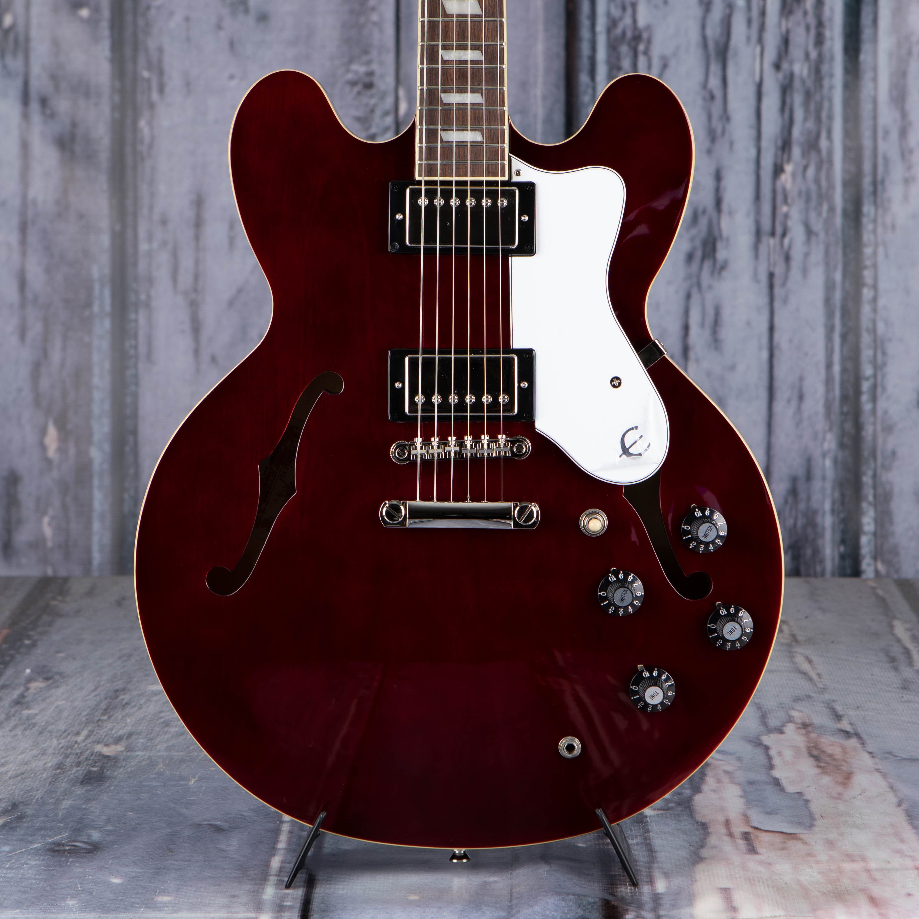 Epiphone Noel Gallagher Riviera Semi-Hollowbody Guitar, Dark Wine Red, front closeup