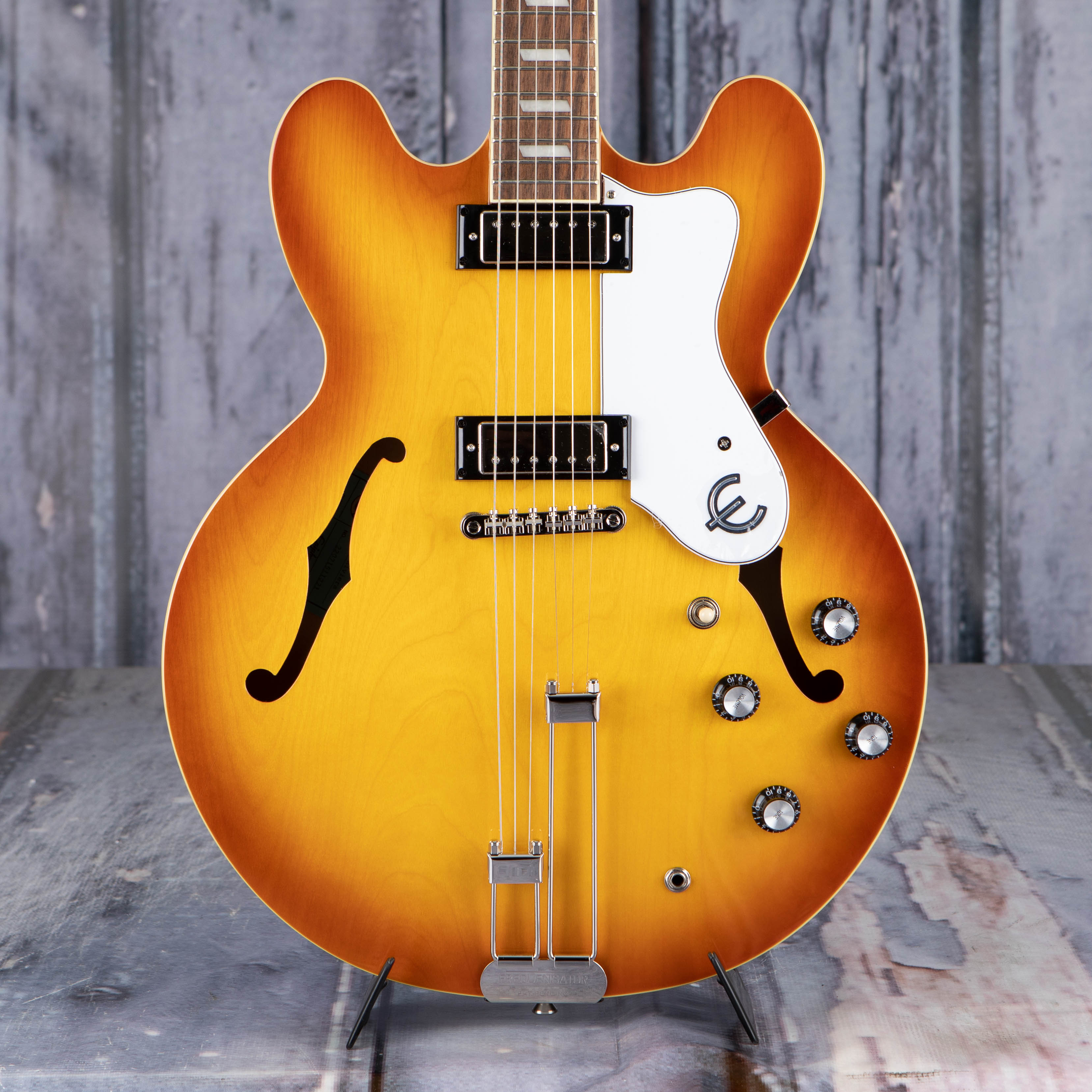 Epiphone Riviera Semi-Hollowbody Guitar, Royal Tan, front closeup