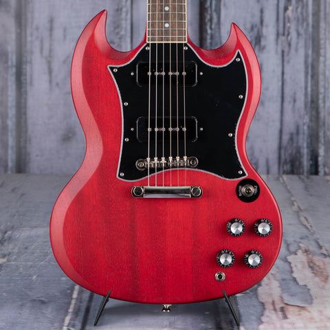 Epiphone SG Classic Worn P-90s Electric Guitar, Worn Cherry, front closeup