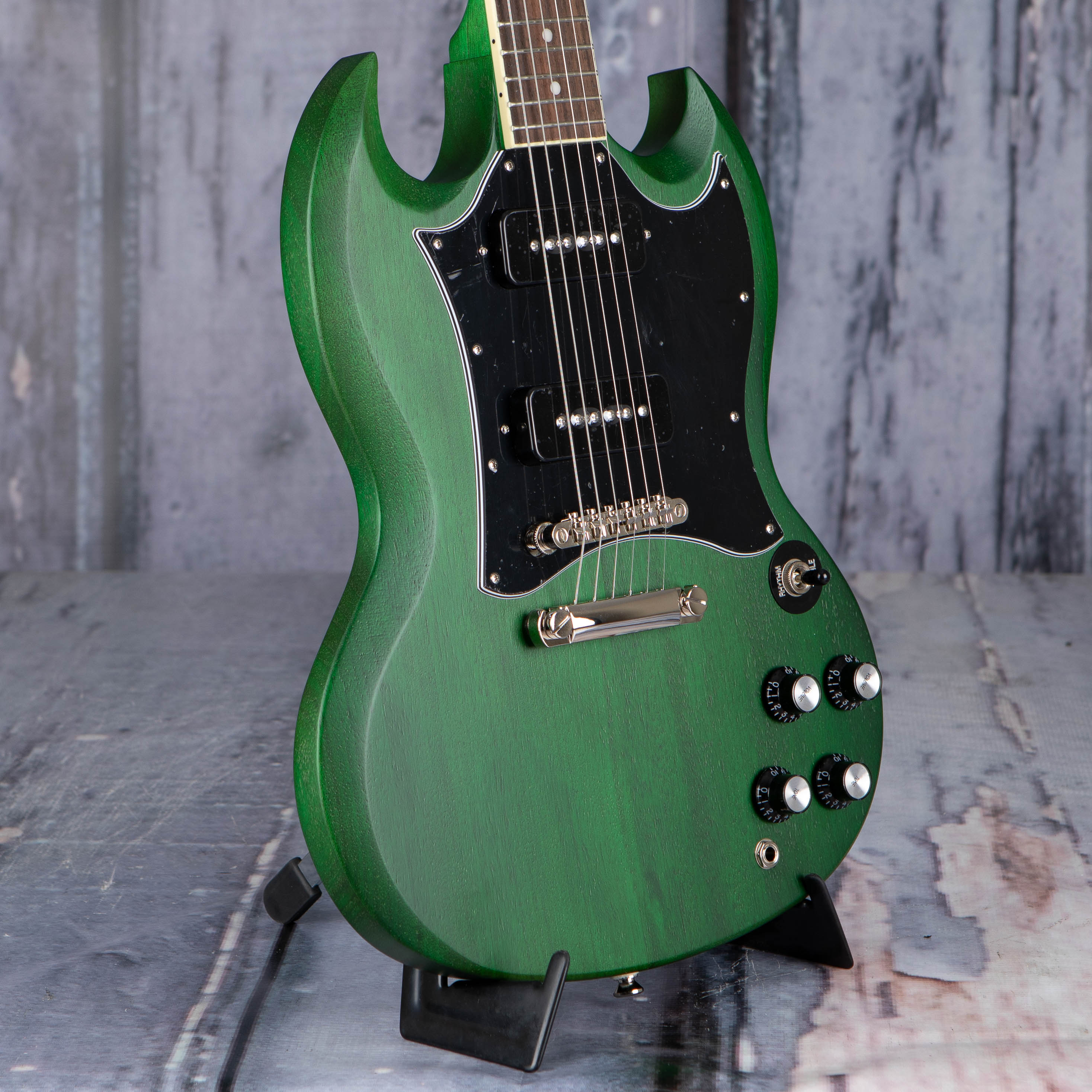Epiphone SG Classic Worn P-90s Electric Guitar, Worn Inverness Green, angle