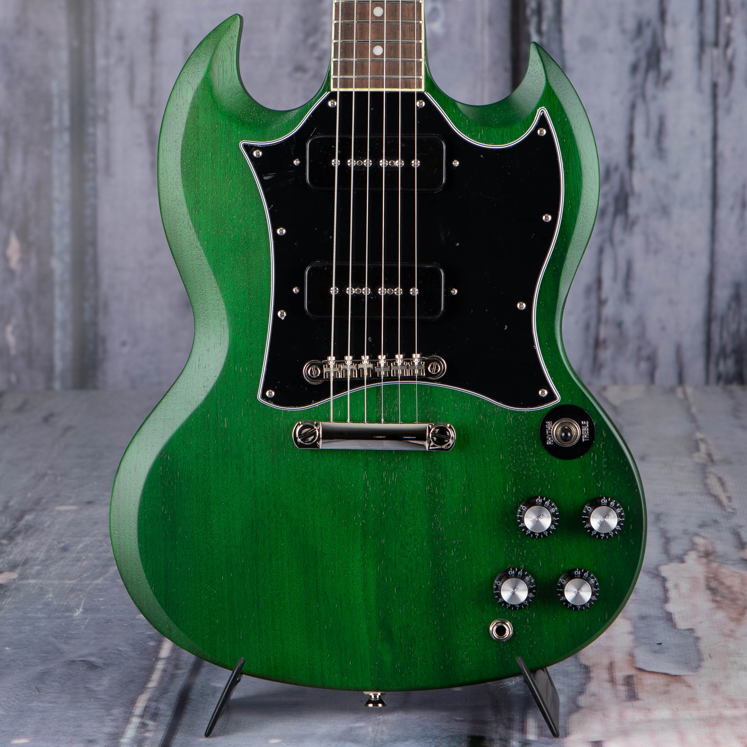 Epiphone SG Classic Worn P-90s Electric Guitar, Worn Inverness Green, front closeup