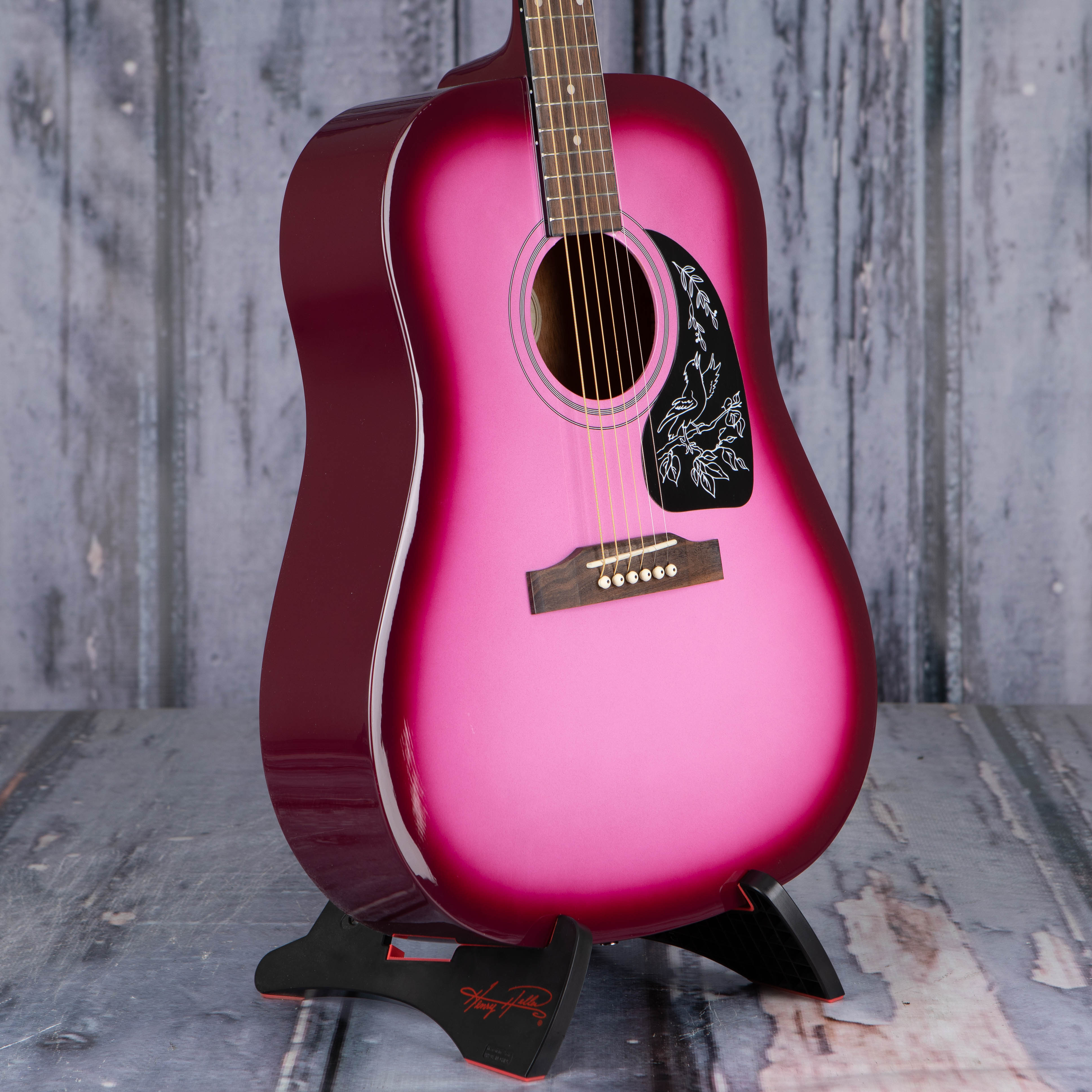 Epiphone Starling Acoustic Guitar, Hot Pink Pearl, angle