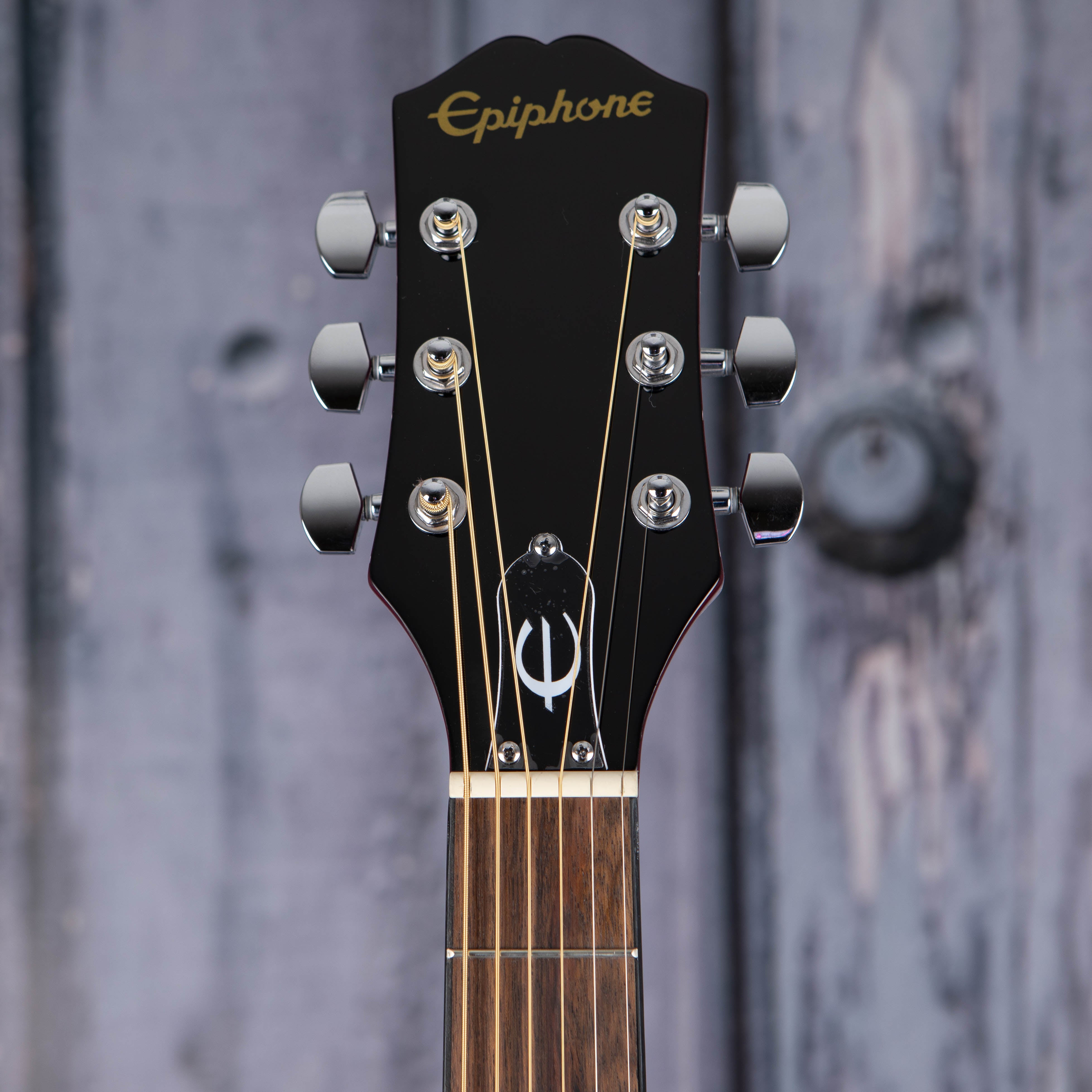 Epiphone Starling Acoustic Guitar, Hot Pink Pearl, front headstock