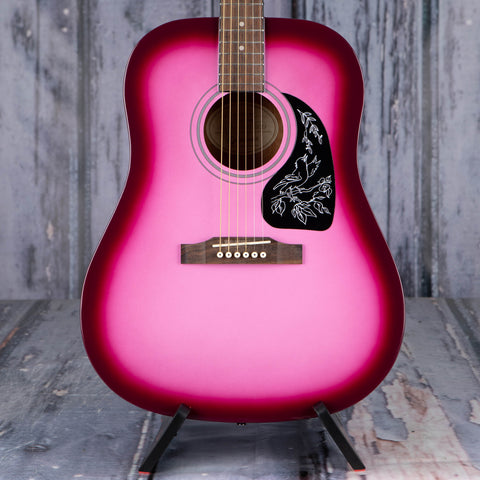 Epiphone Starling Acoustic Guitar, Hot Pink Pearl, front closeup