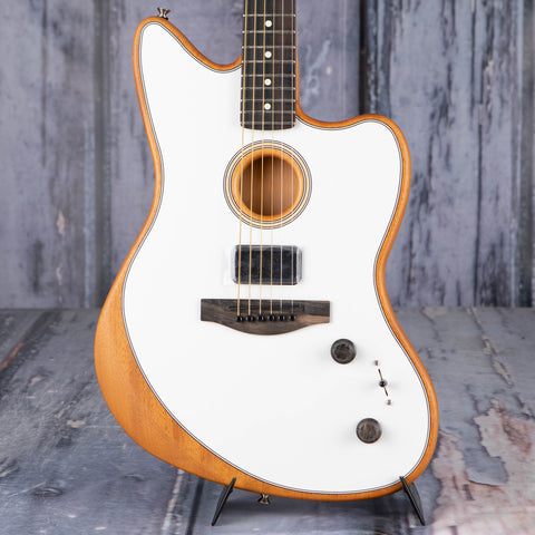 Fender American Acoustasonic Jazzmaster Acoustic/Electric Guitar, Arctic White, front closeup