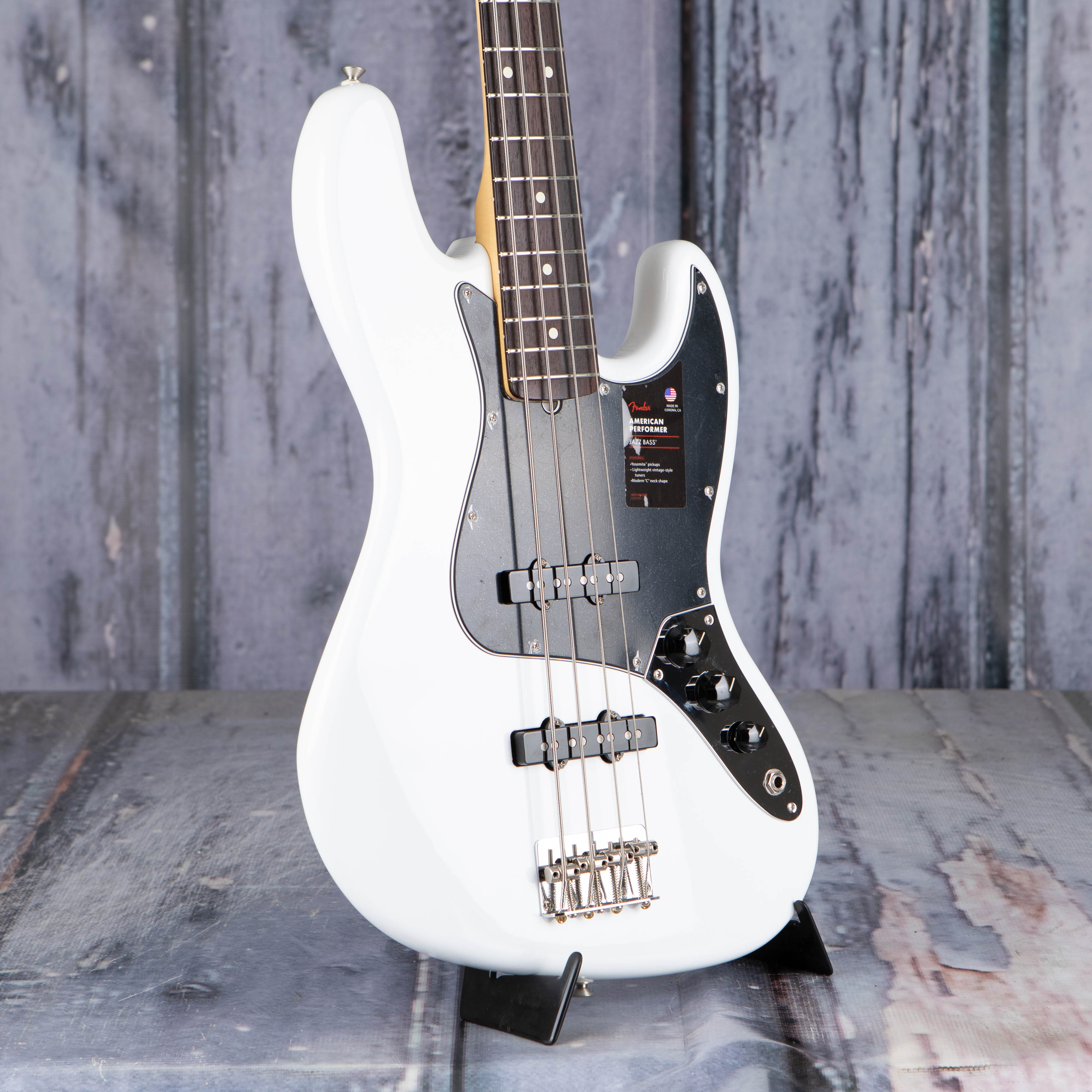 Fender American Performer Jazz Bass Guitar, Arctic White, angle
