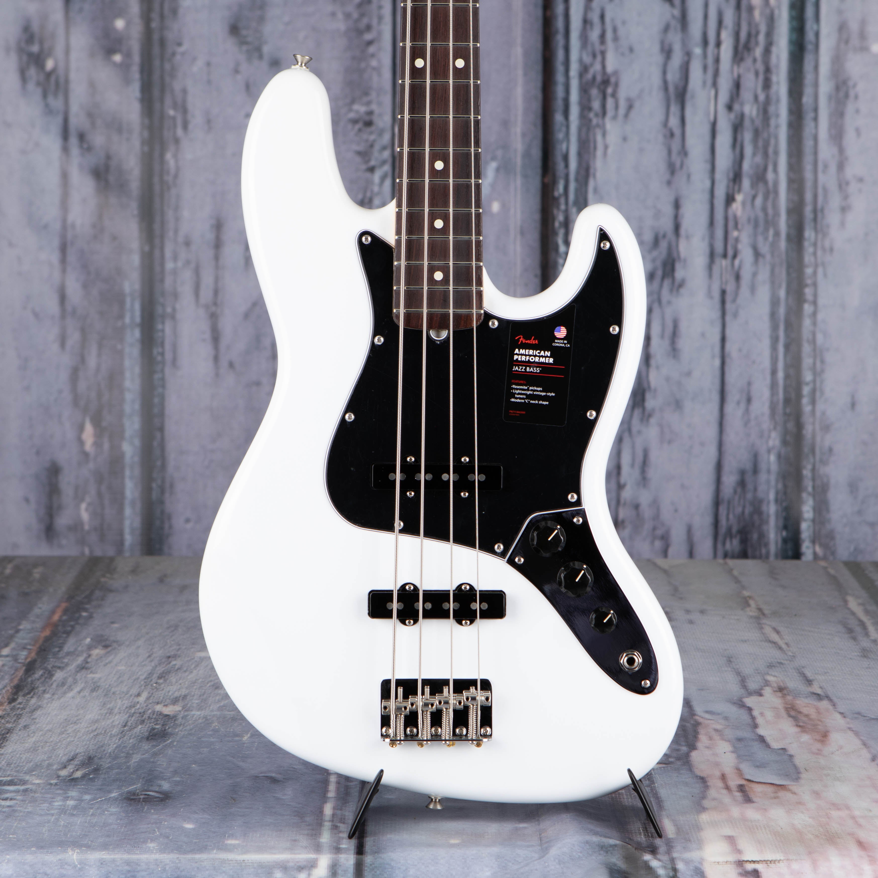 Fender American Performer Jazz Bass Guitar, Arctic White, front closeup