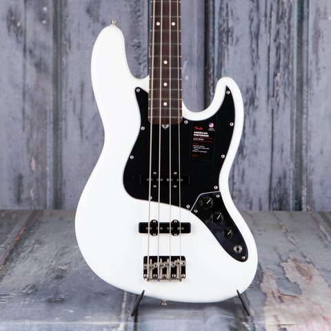 Fender American Performer Jazz Bass Guitar, Arctic White, front closeup