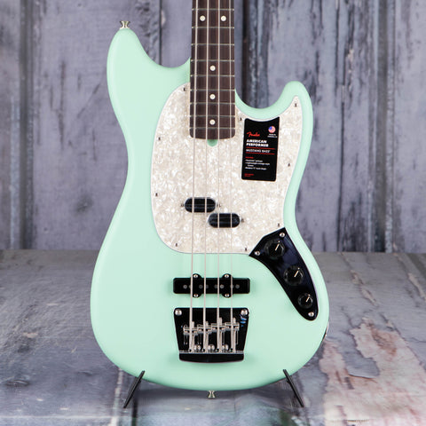 Fender American Performer Mustang Bass Guitar, Satin Surf Green, front closeup