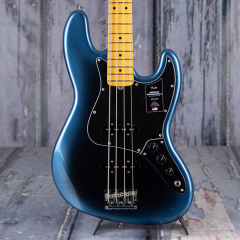 Fender American Professional II Jazz Bass Electric Guitar, Dark Night, front closeup