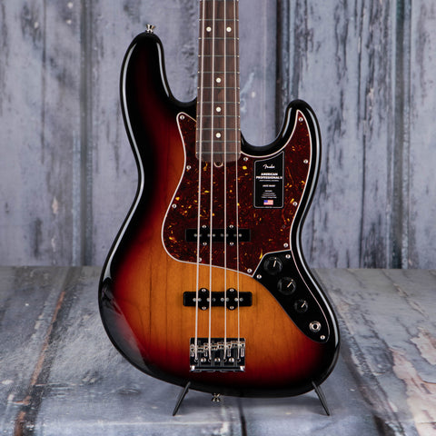Fender American Professional II Jazz Bass Guitar, 3-Color Sunburst, front closeup