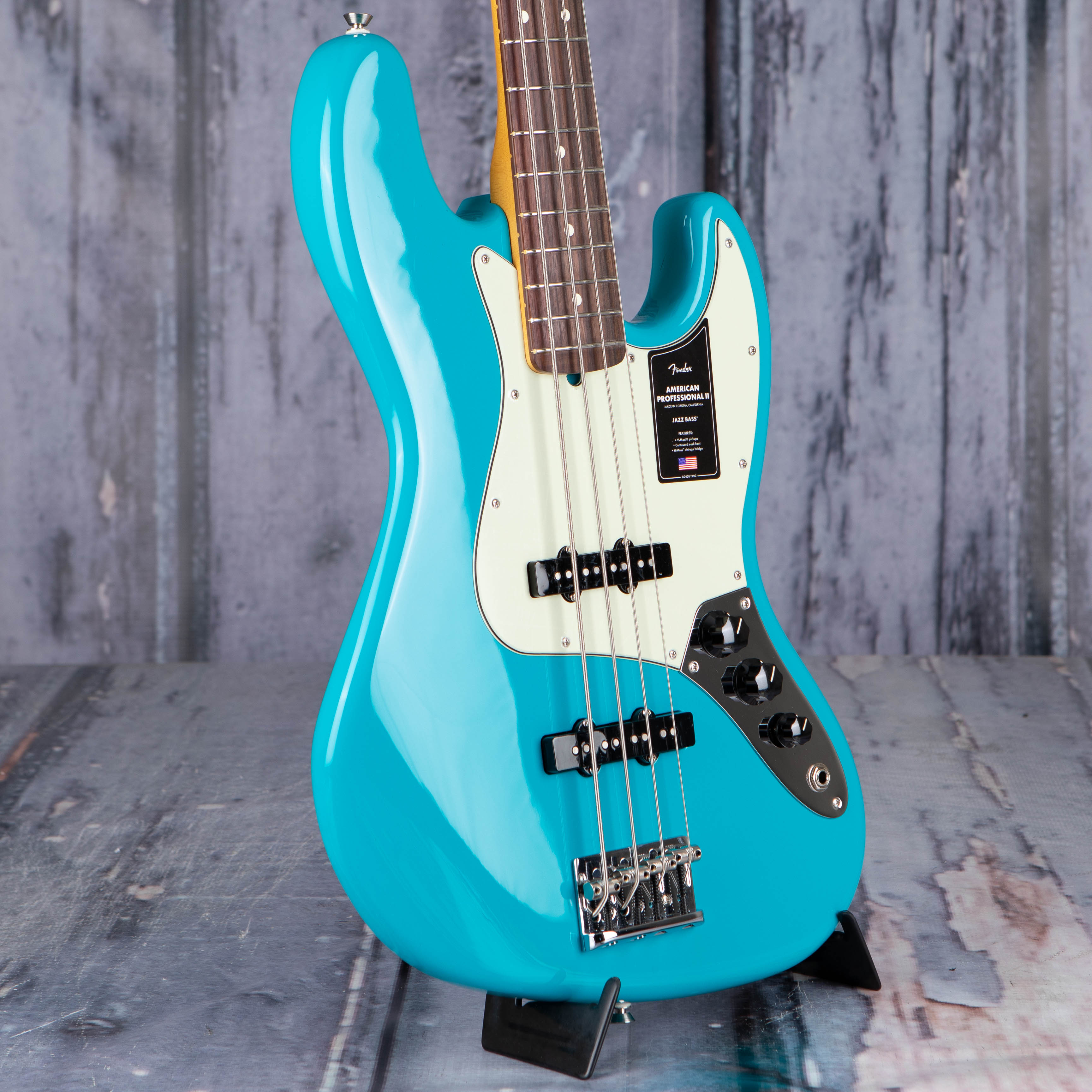 Fender American Professional II Jazz Bass Guitar, Miami Blue, angle
