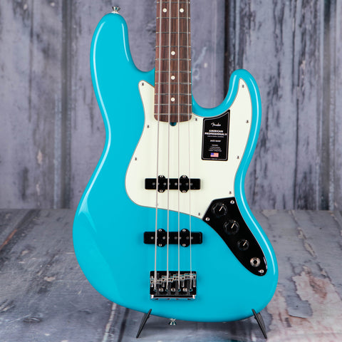 Fender American Professional II Jazz Bass Guitar, Miami Blue, front closeup
