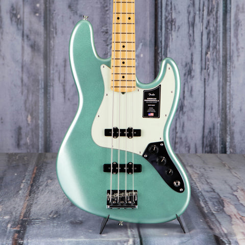 Fender American Professional II Jazz Bass Guitar, Mystic Surf Green, front closeup
