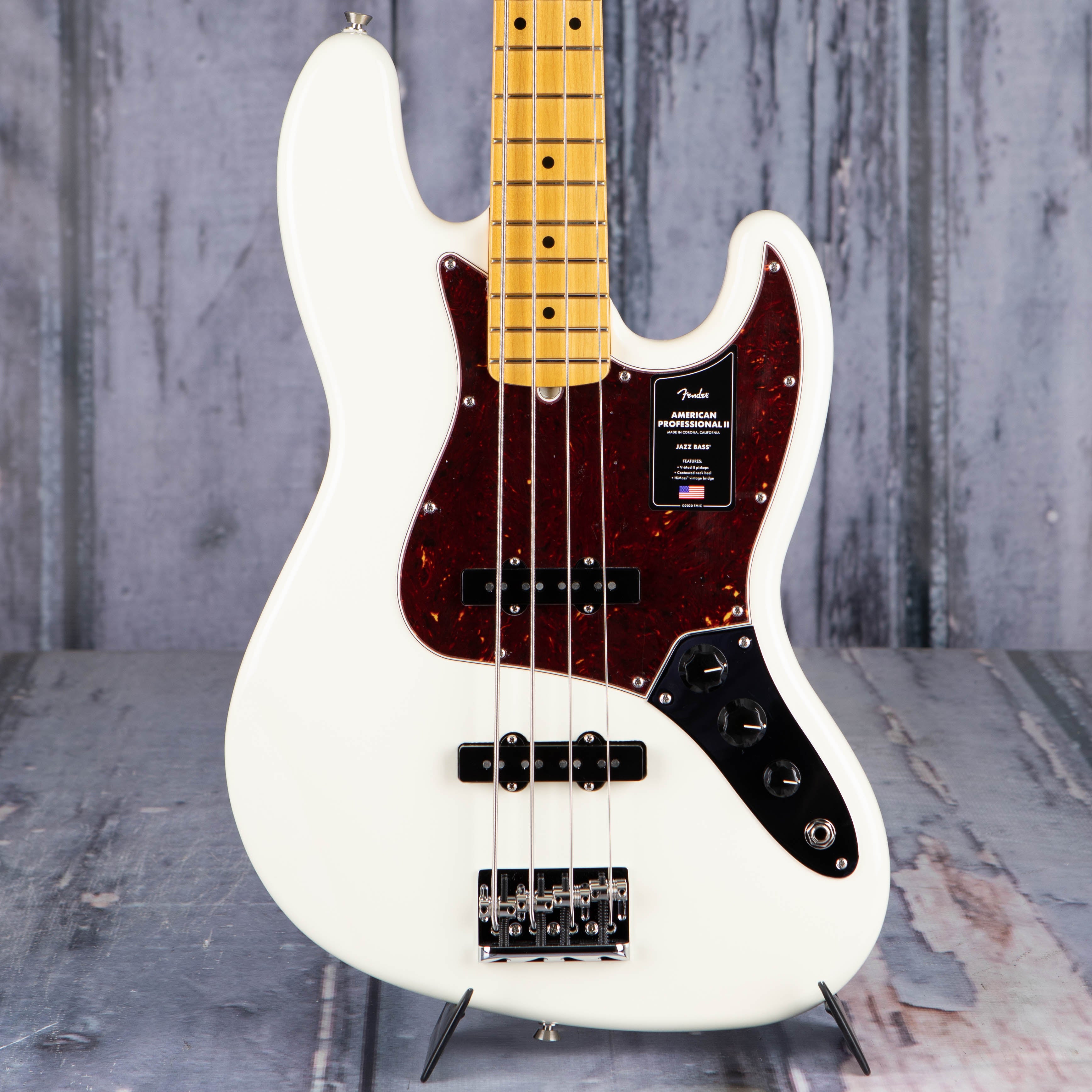 Fender American Professional II Jazz Bass Guitar, Olympic White, front closeup