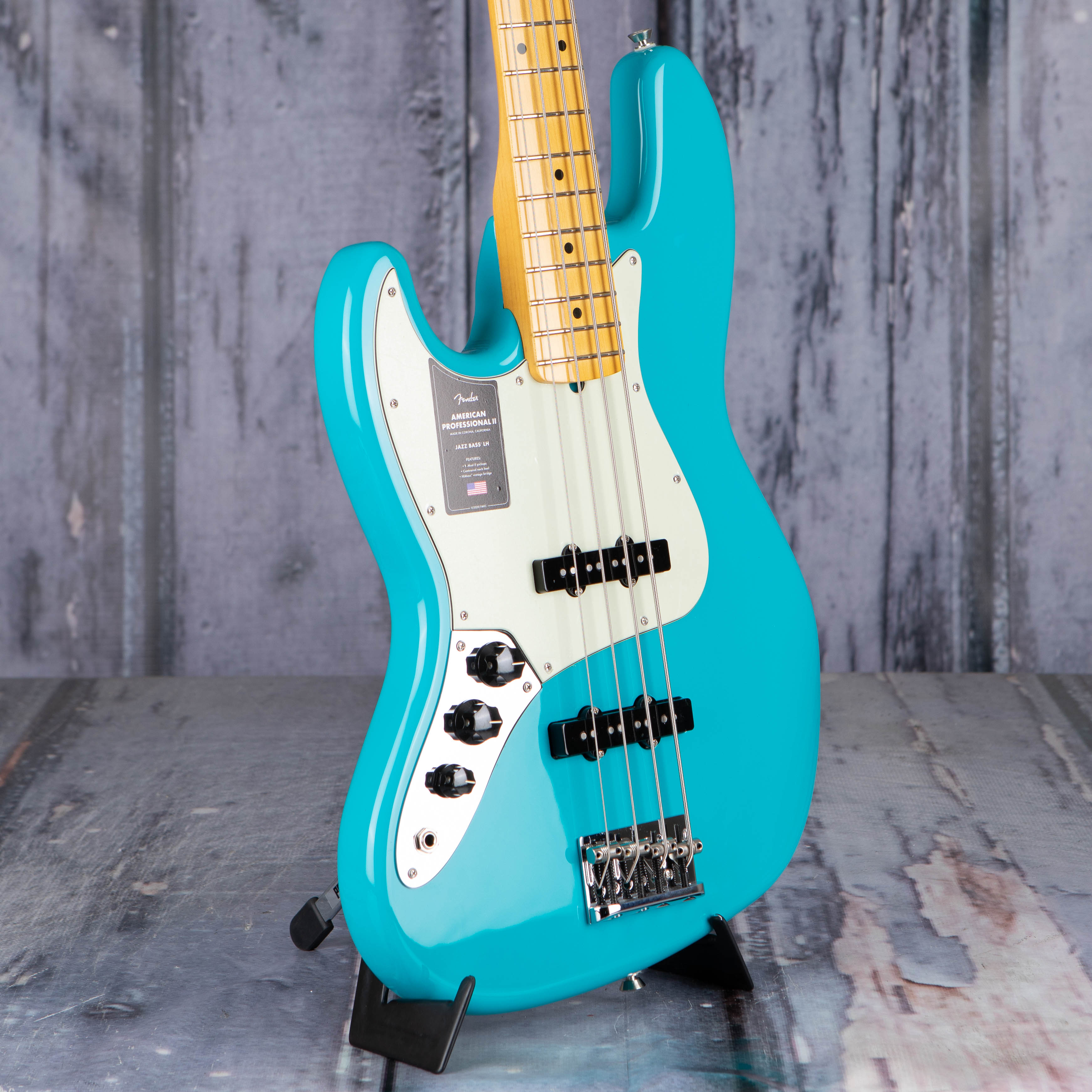 Fender American Professional II Jazz Bass Left-Handed Guitar, Miami Blue, angle