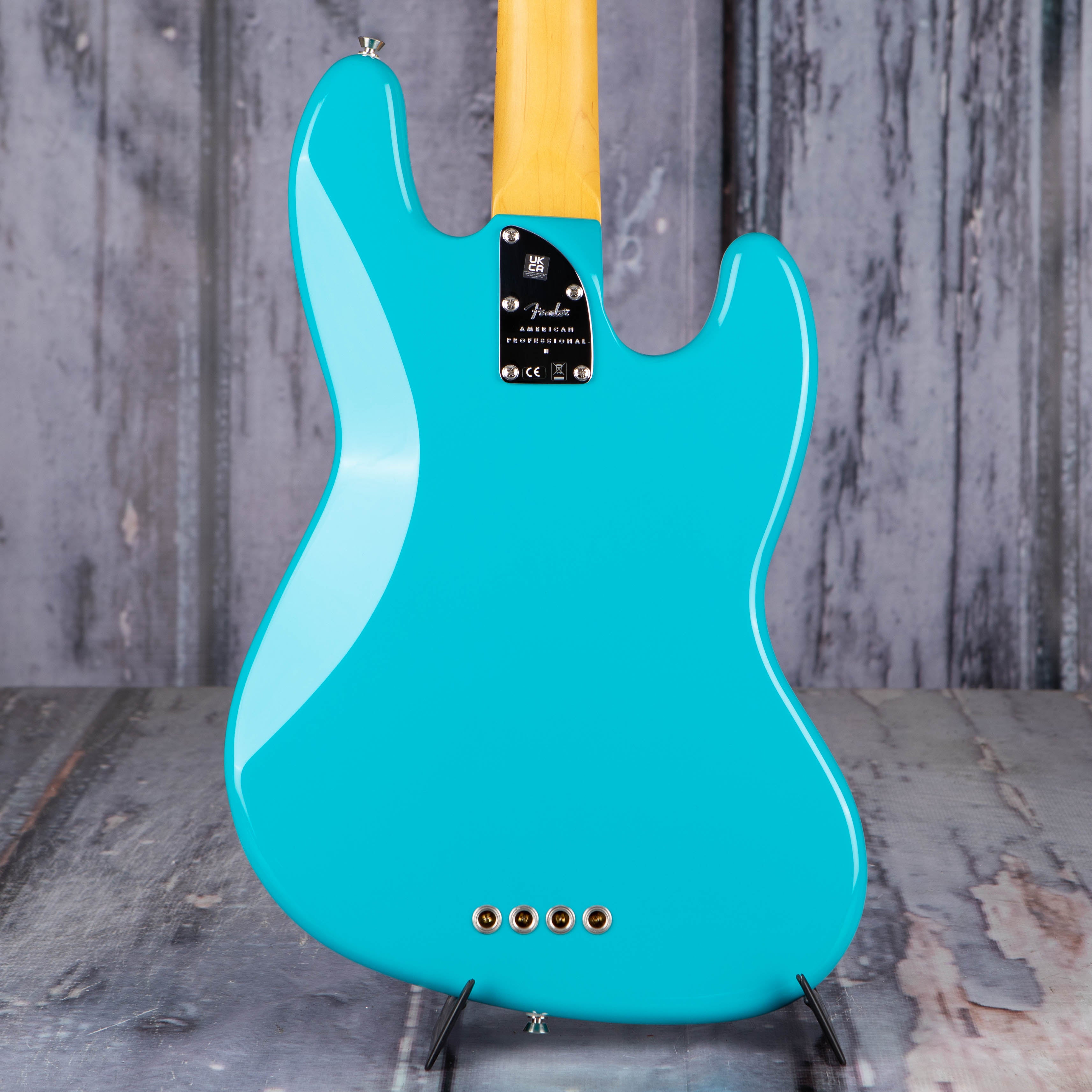 Fender American Professional II Jazz Bass Left-Handed Guitar, Miami Blue, back closeup