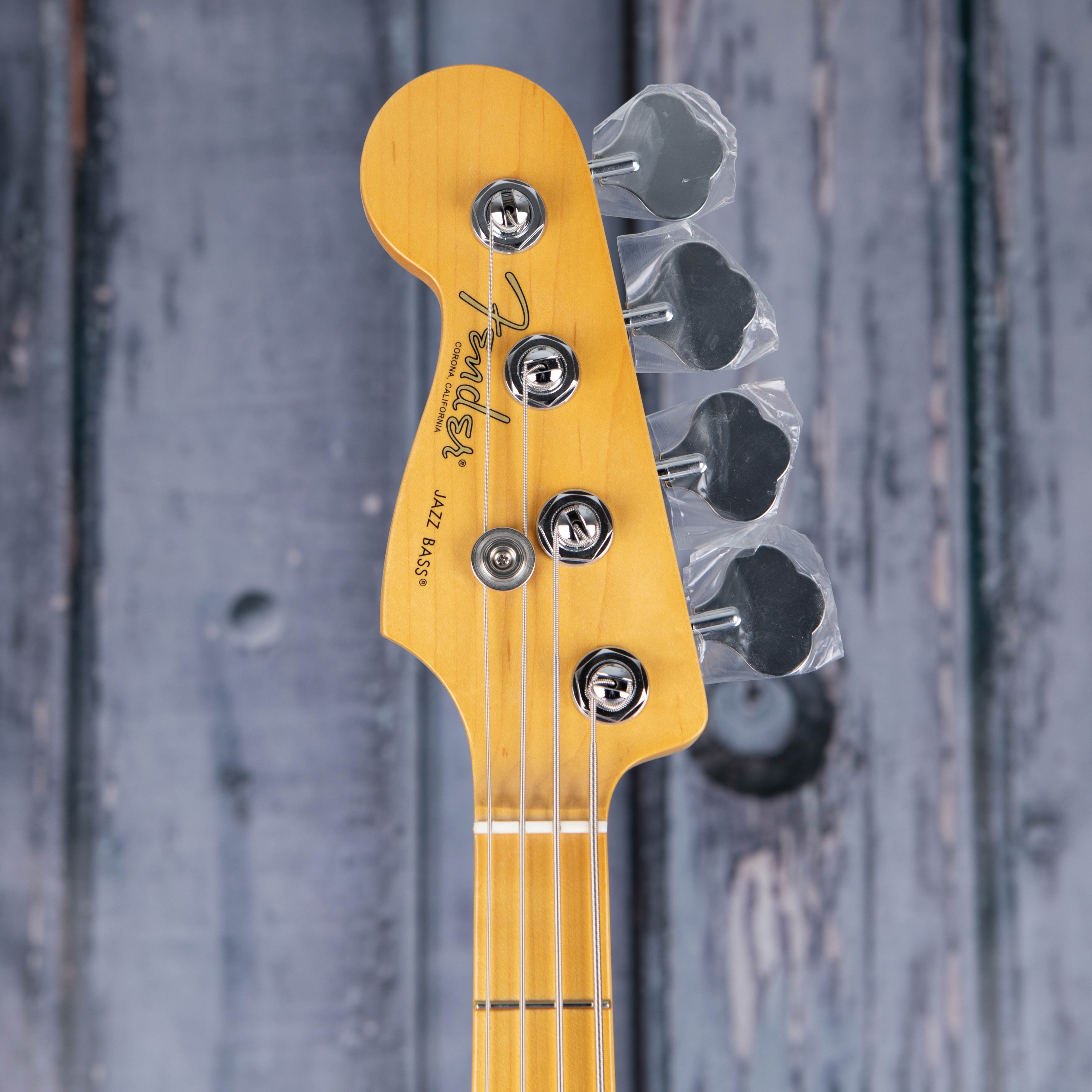 Fender American Professional II Jazz Bass Left-Handed Guitar, Miami Blue, front headstock
