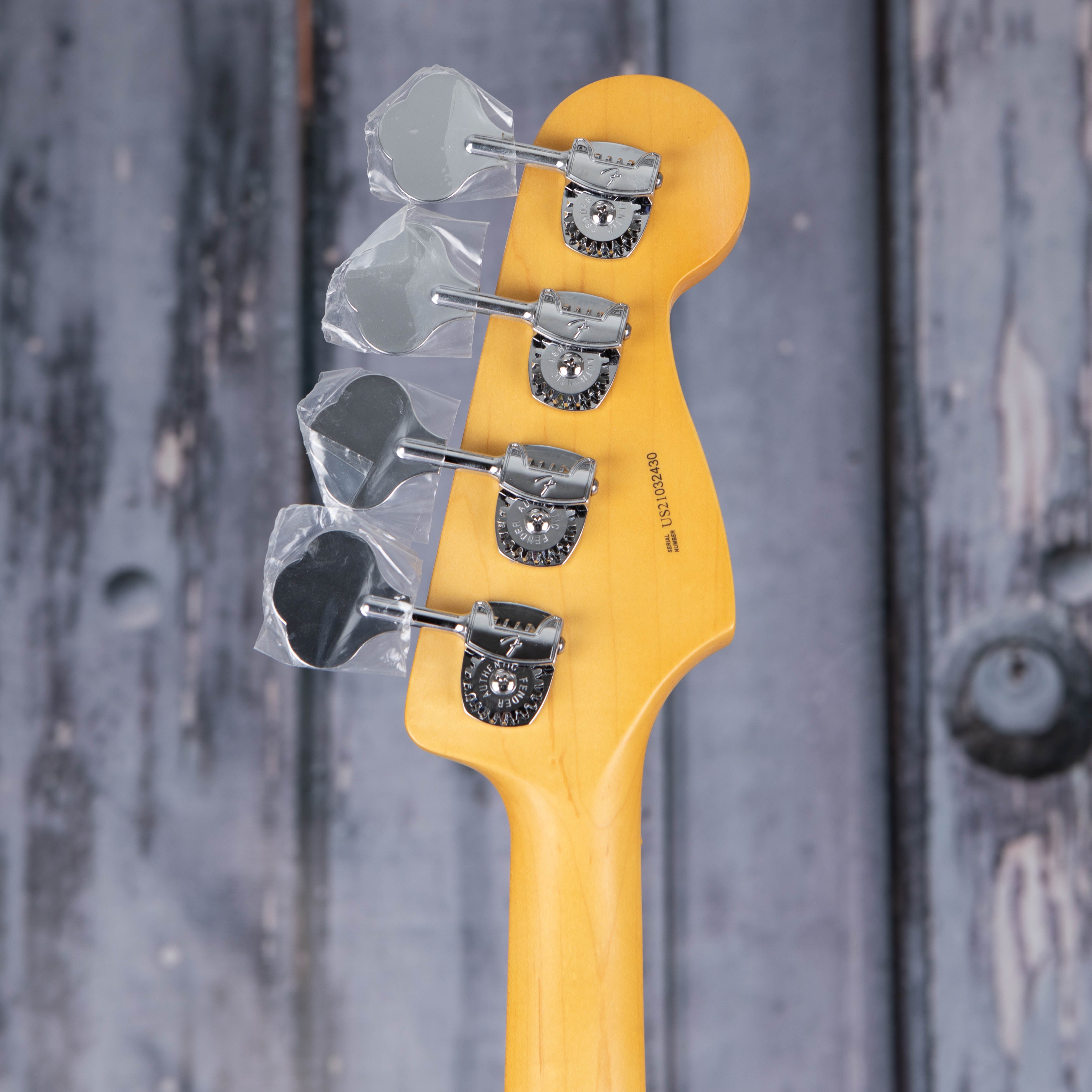 Fender American Professional II Jazz Bass Left-Handed Guitar, Miami Blue, back headstock
