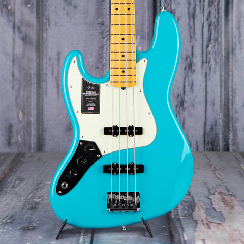 Fender American Professional II Jazz Bass Left-Handed Guitar, Miami Blue, front closeup