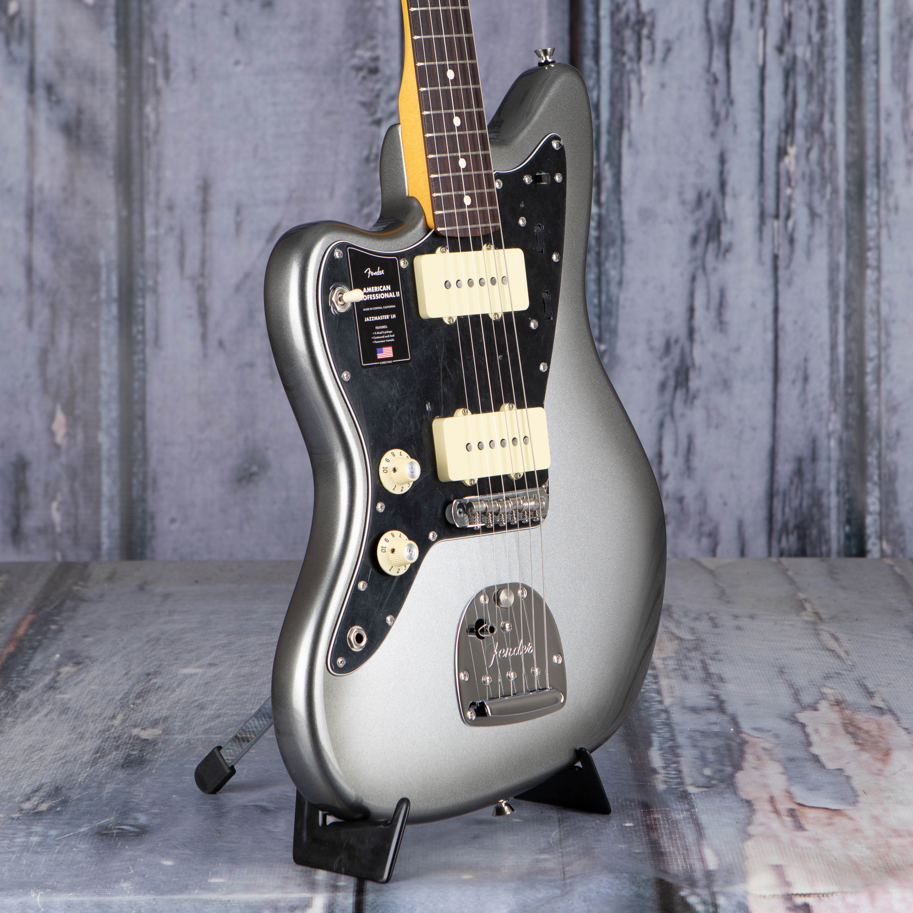 Fender American Professional II Jazzmaster Left-Handed Electric Guitar, Mercury, angle