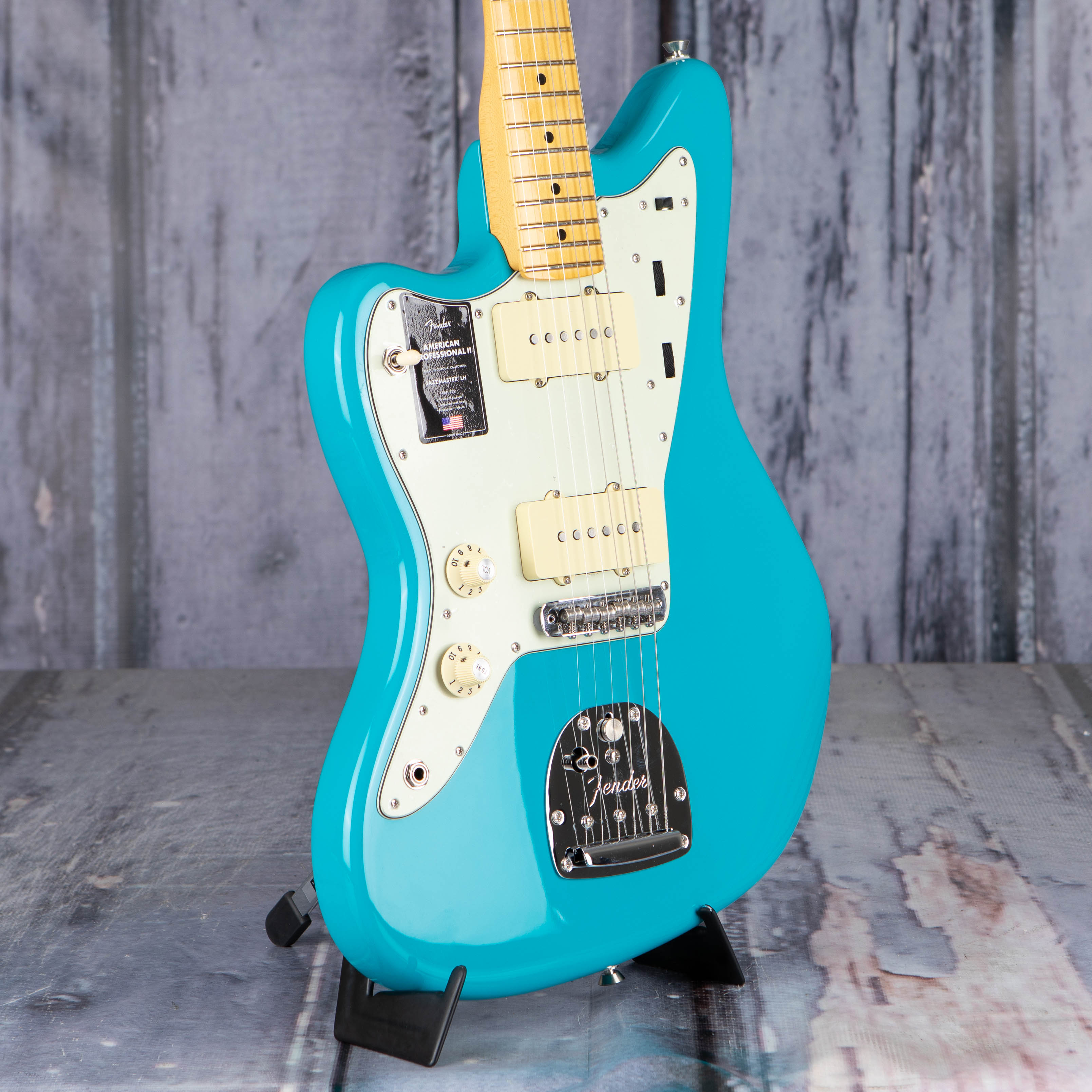 Fender American Professional II Jazzmaster Left-Handed Electric Guitar, Miami Blue, angle