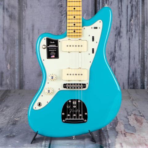 Fender American Professional II Jazzmaster Left-Handed Electric Guitar, Miami Blue, front closeup